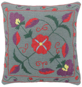 handmade Pillow Gray Red Hand-Woven SQUARE 100% Wool Suzani Throw Pillow