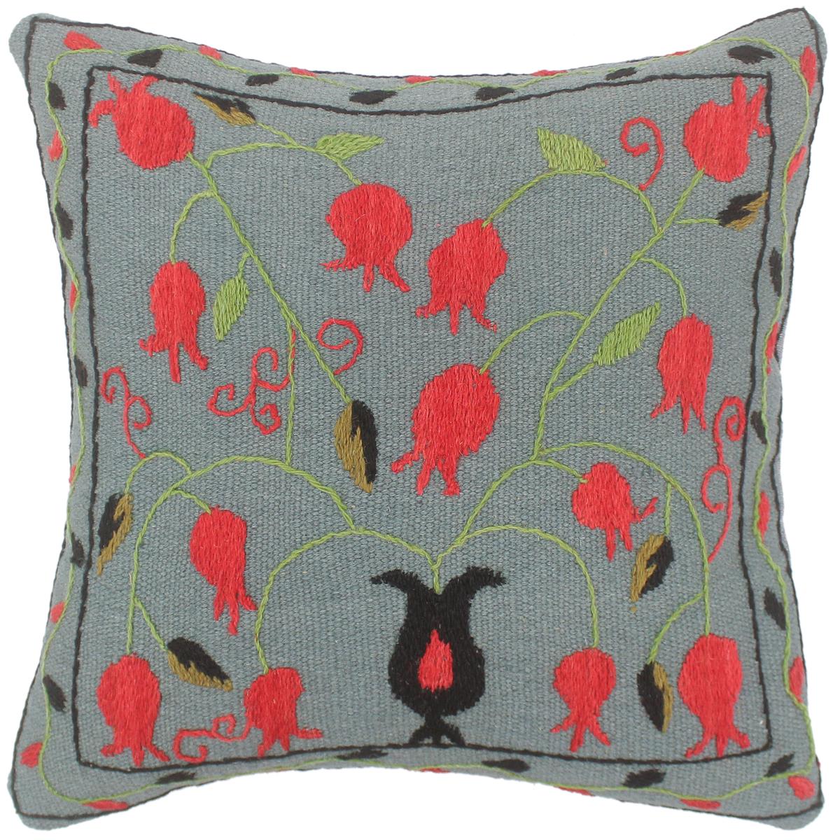 handmade  Pillow Gray Red Hand-Woven SQUARE 100% Wool Suzani Throw Pillow