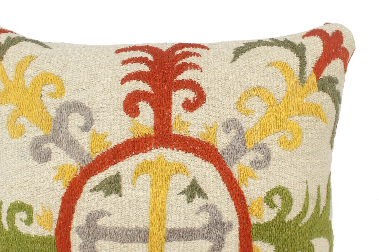 handmade  Pillow Beige Rust Hand-Woven SQUARE 100% Wool Suzani Throw Pillow