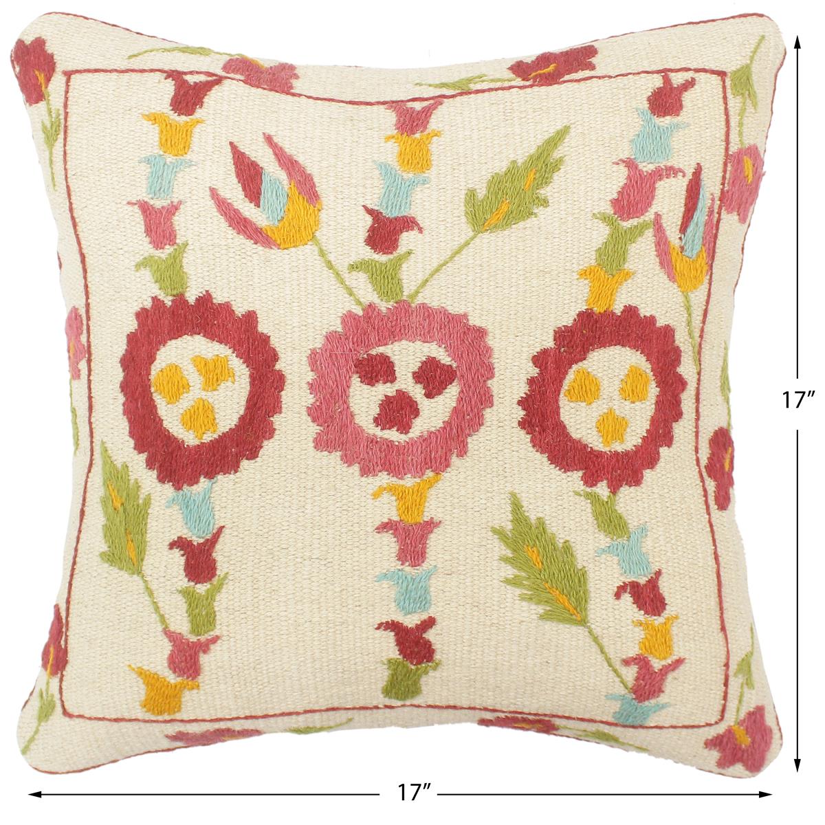 handmade  Pillow Beige Blue Hand-Woven SQUARE 100% Wool Suzani Throw Pillow