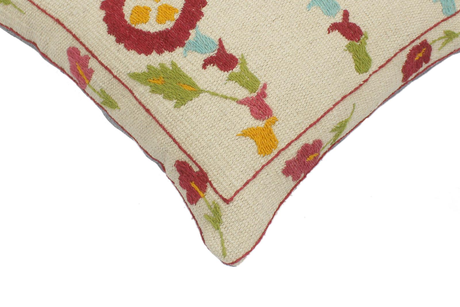 handmade  Pillow Beige Blue Hand-Woven SQUARE 100% Wool Suzani Throw Pillow