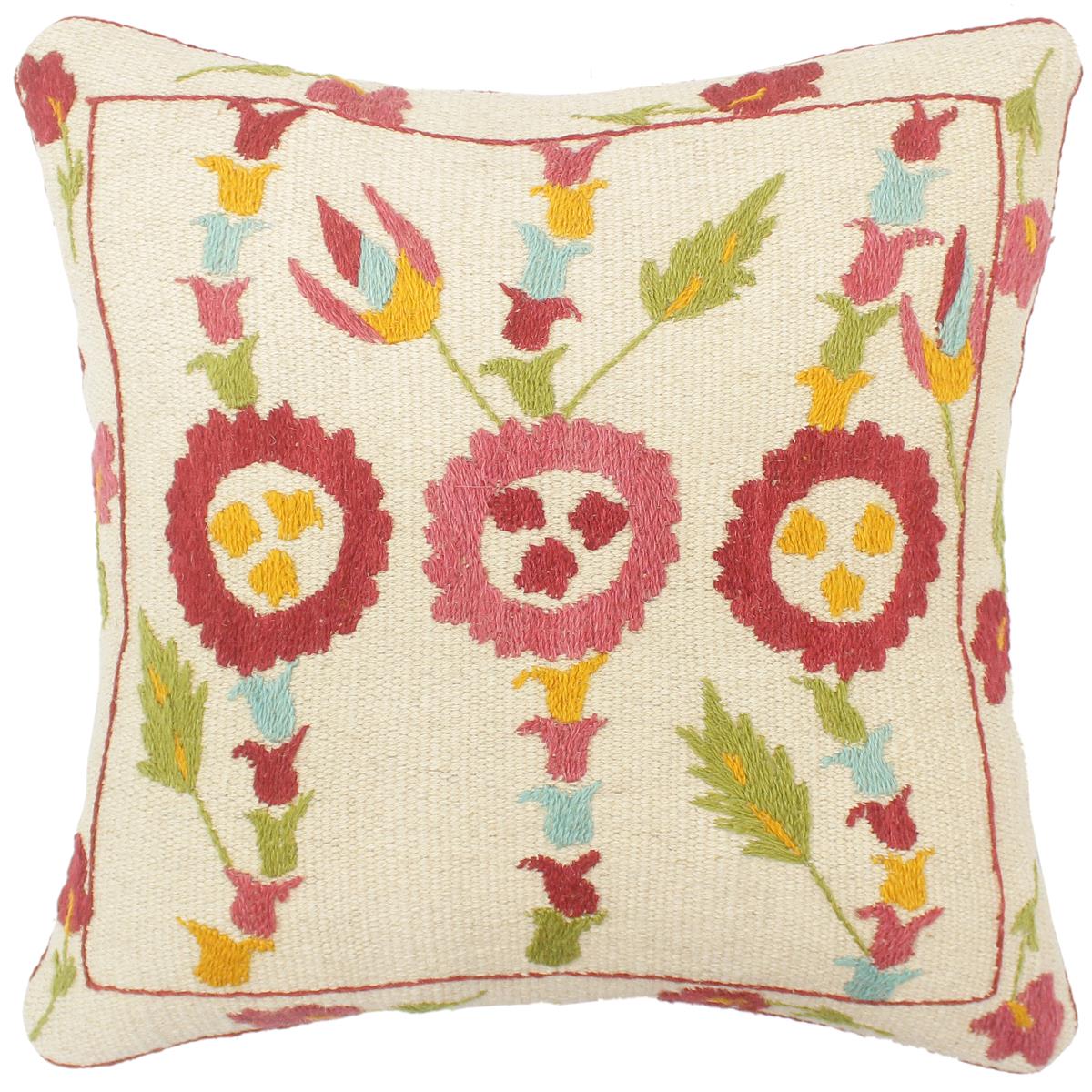 handmade  Pillow Beige Blue Hand-Woven SQUARE 100% Wool Suzani Throw Pillow