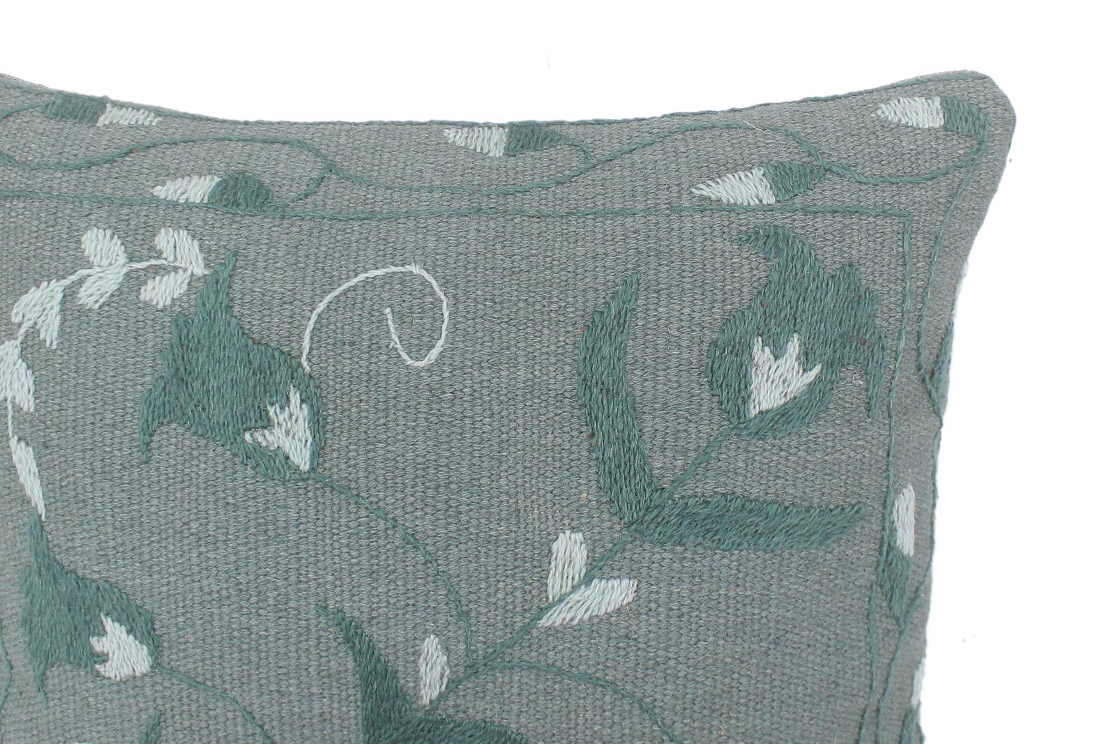 handmade  Pillow Gray Blue Hand-Woven SQUARE 100% Wool Suzani Throw Pillow
