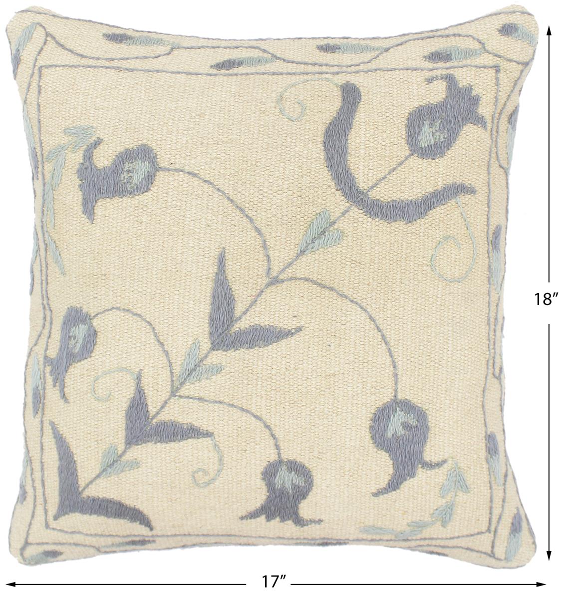 handmade  Pillow Beige Blue Hand-Woven SQUARE 100% Wool Suzani Throw Pillow