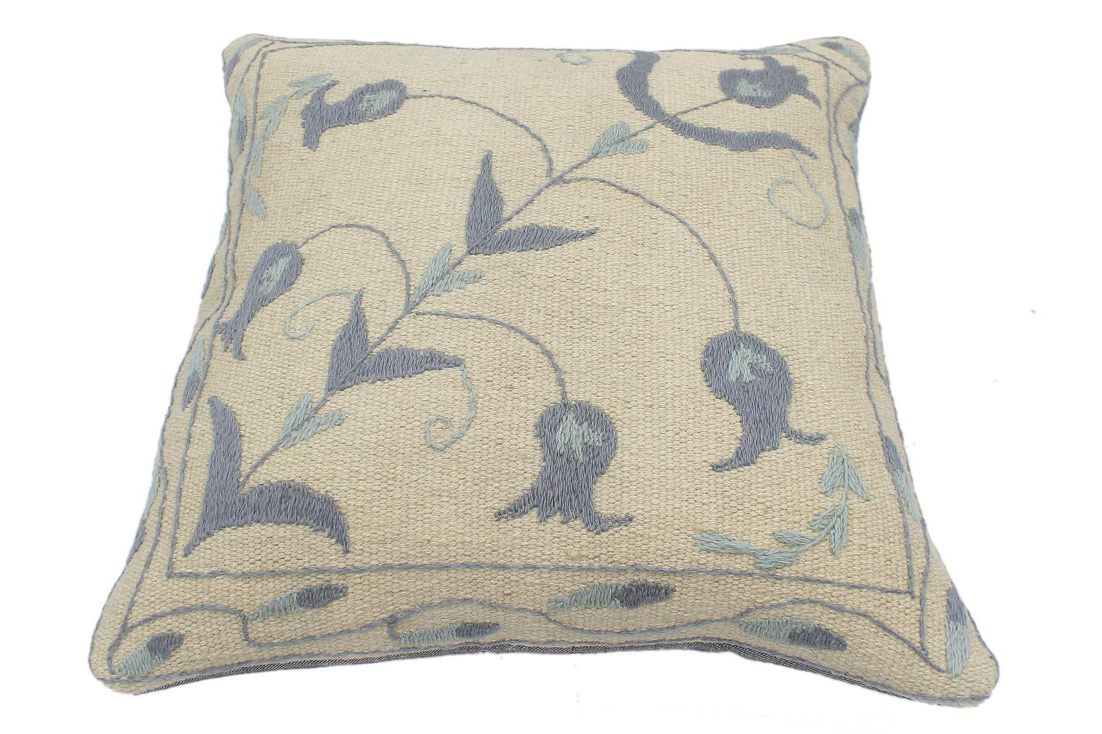 handmade  Pillow Beige Blue Hand-Woven SQUARE 100% Wool Suzani Throw Pillow