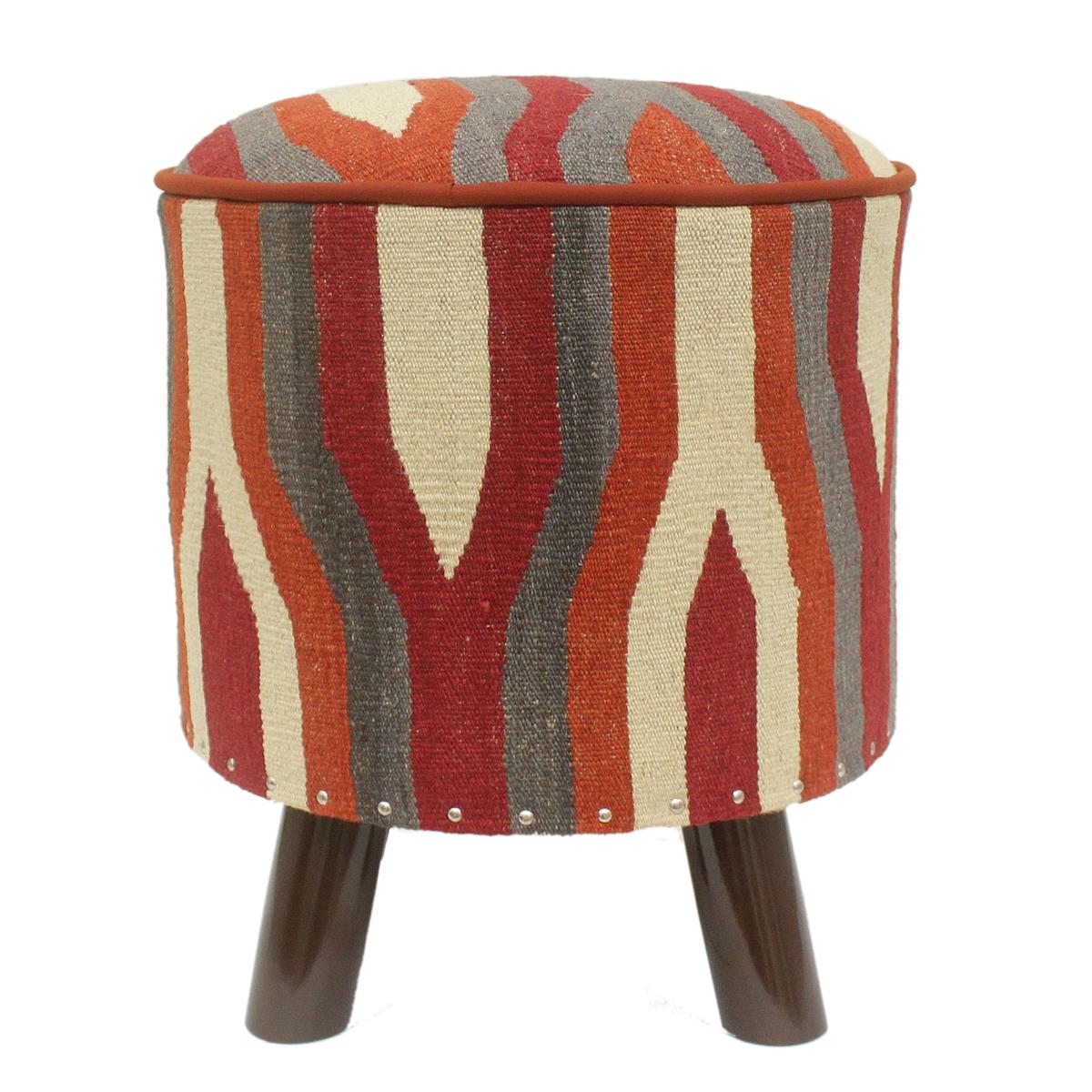 handmade Modern Ottoman Rust Red Hand-made ROUND Vegetable dyed wool and wood