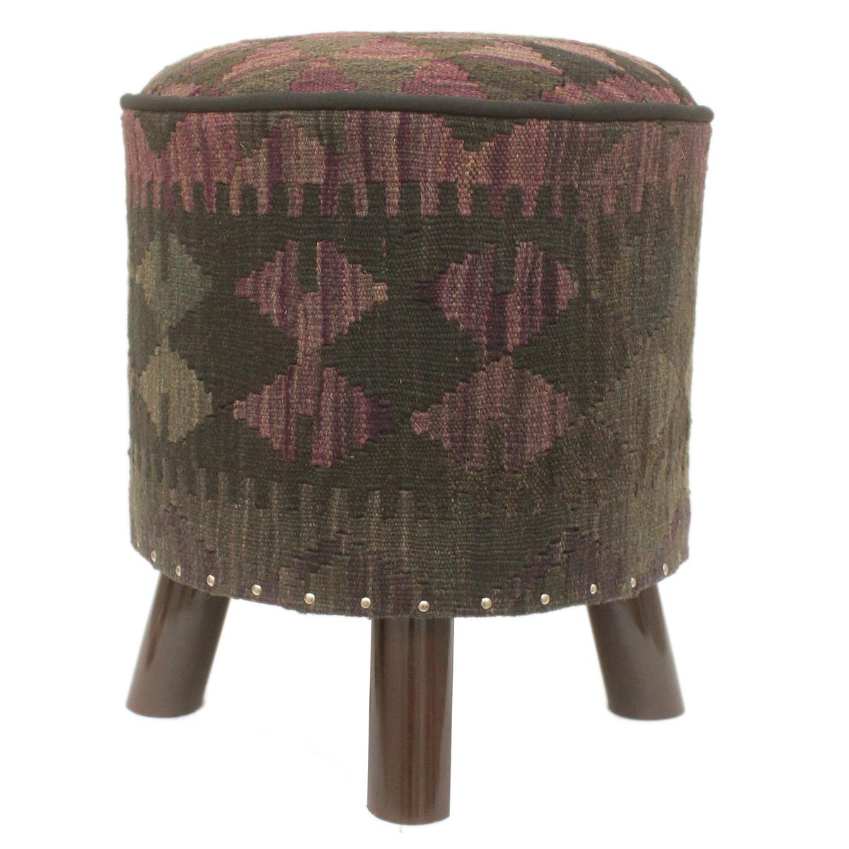 handmade Traditional Ottoman Black Purple Hand-made ROUND Vegetable dyed wool and wood  17'' x 17'' x 19''