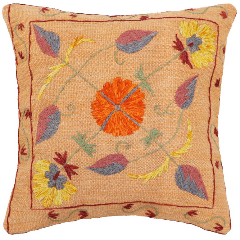 handmade Traditional Pillow Orange Red Hand-Woven SQUARE 100% WOOL Handmade pillow