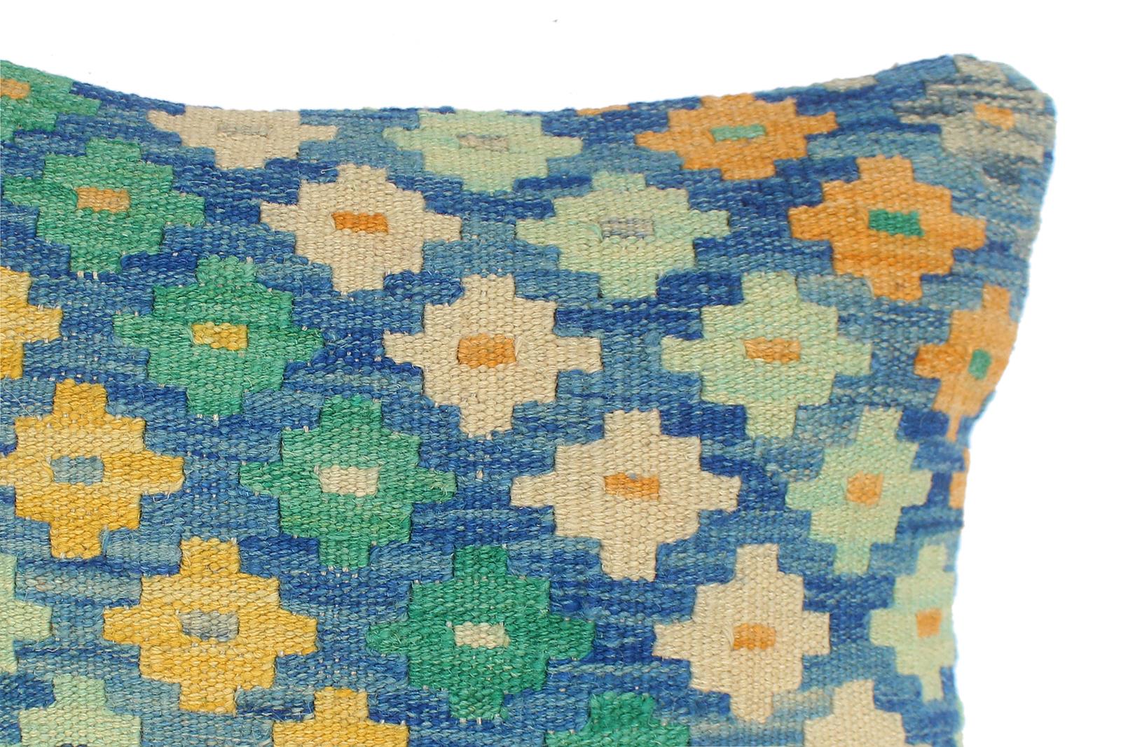 handmade Traditional Pillow Blue Beige Hand-Woven SQUARE 100% WOOL Hand woven turkish pillow2' x 2'