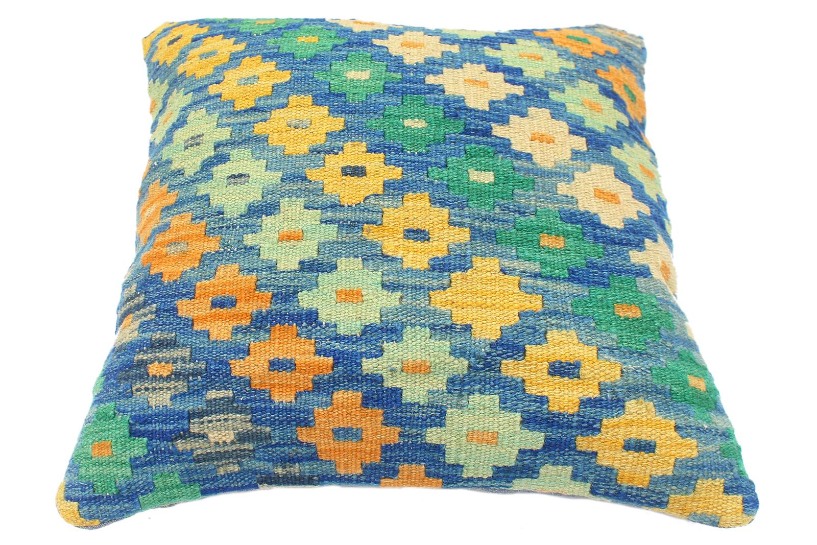 handmade Traditional Pillow Blue Beige Hand-Woven SQUARE 100% WOOL Hand woven turkish pillow2' x 2'