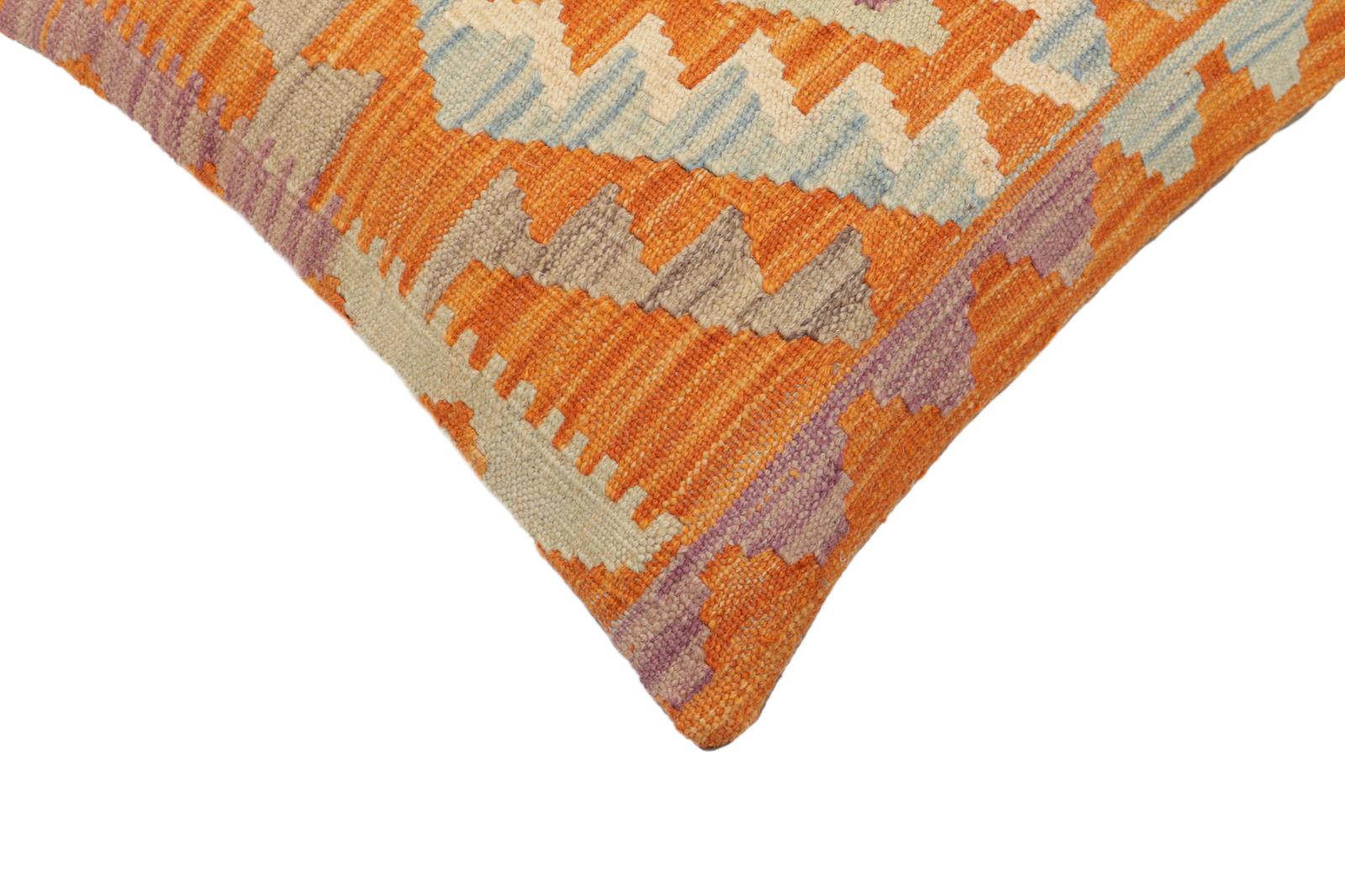 handmade Traditional Pillow Orange Blue Hand-Woven SQUARE 100% WOOL Hand woven turkish pillow2' x 2'