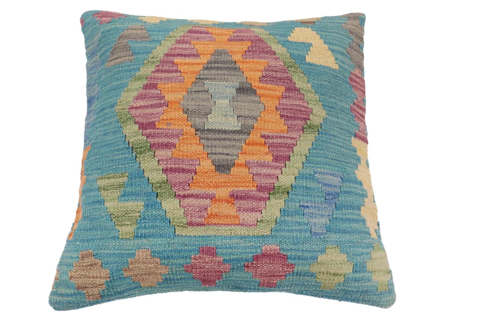 handmade Traditional Pillow Blue Gray Hand-Woven SQUARE 100% WOOL Hand woven turkish pillow2' x 2'
