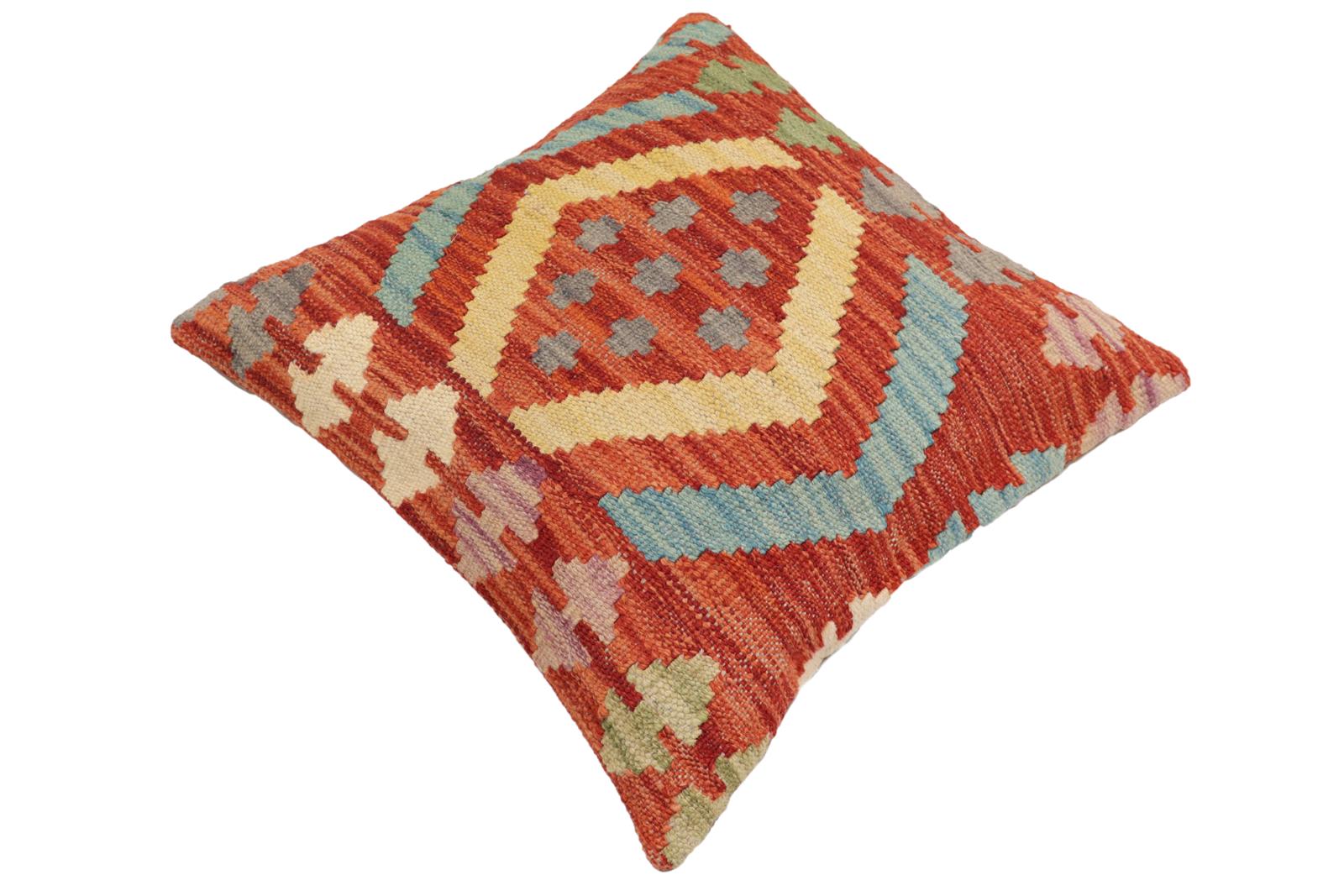 handmade Traditional Pillow Rust Blue Hand-Woven SQUARE 100% WOOL Hand woven turkish pillow2' x 2'