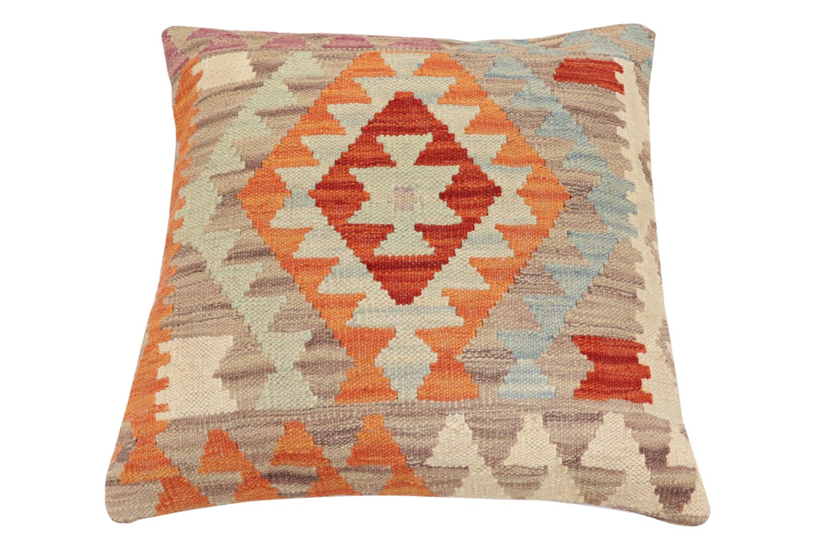 handmade Traditional Pillow Rust Blue Hand-Woven SQUARE 100% WOOL Hand woven turkish pillow2' x 2'