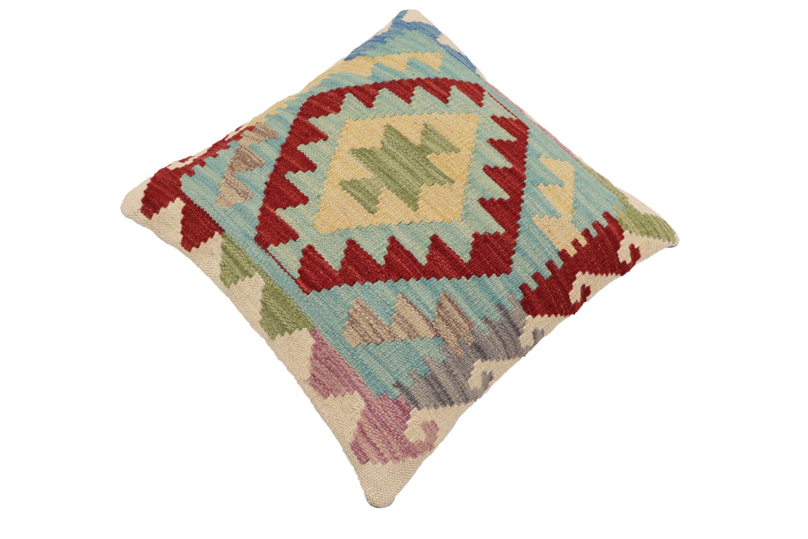 handmade Traditional Pillow Blue Red Hand-Woven SQUARE 100% WOOL Hand woven turkish pillow2' x 2'