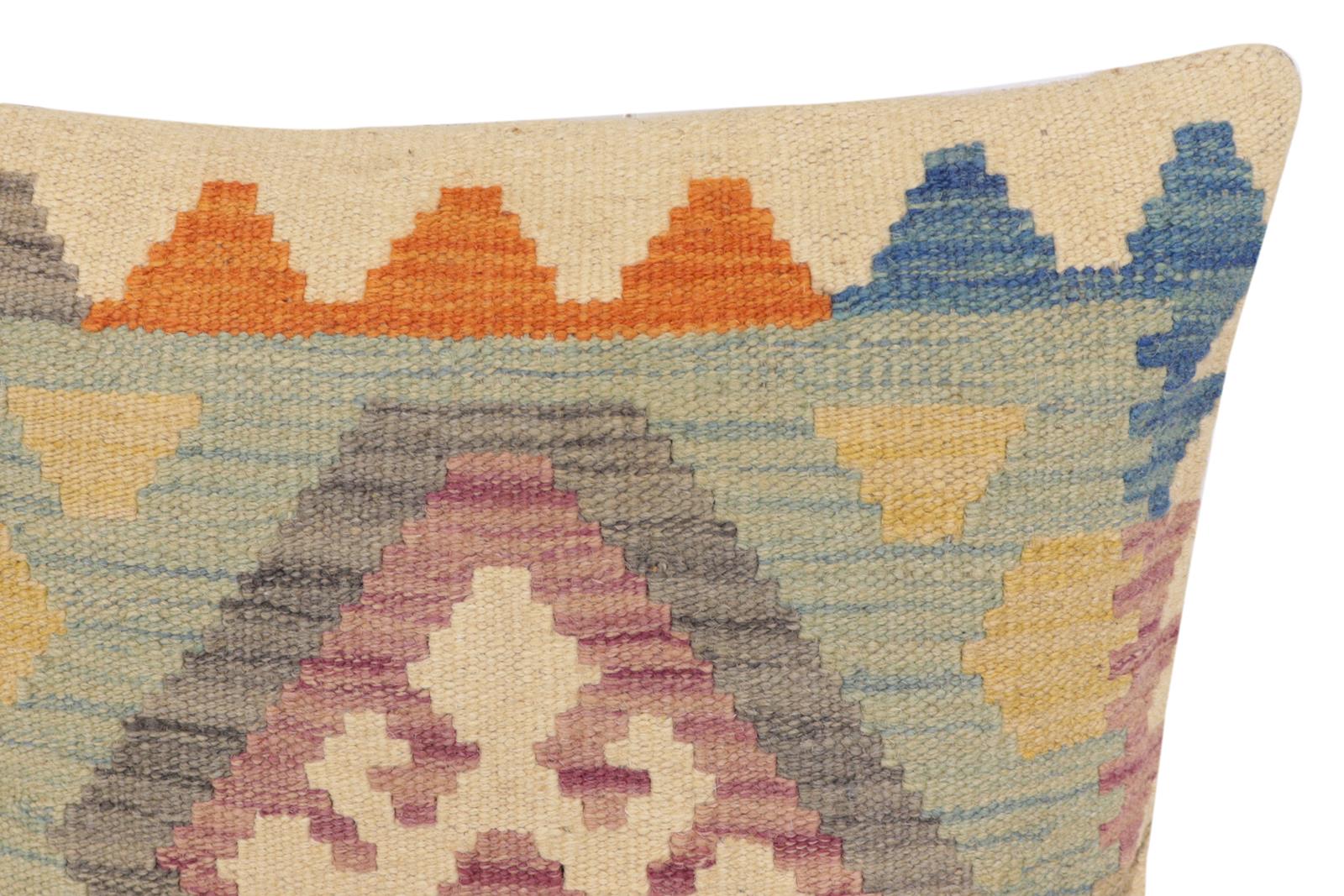 handmade Traditional Pillow Blue Rust Hand-Woven SQUARE 100% WOOL Hand woven turkish pillow2' x 2'