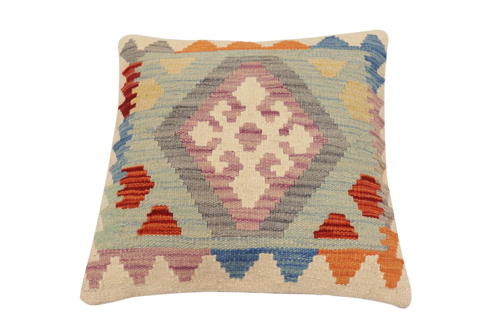 handmade Traditional Pillow Blue Rust Hand-Woven SQUARE 100% WOOL Hand woven turkish pillow2' x 2'