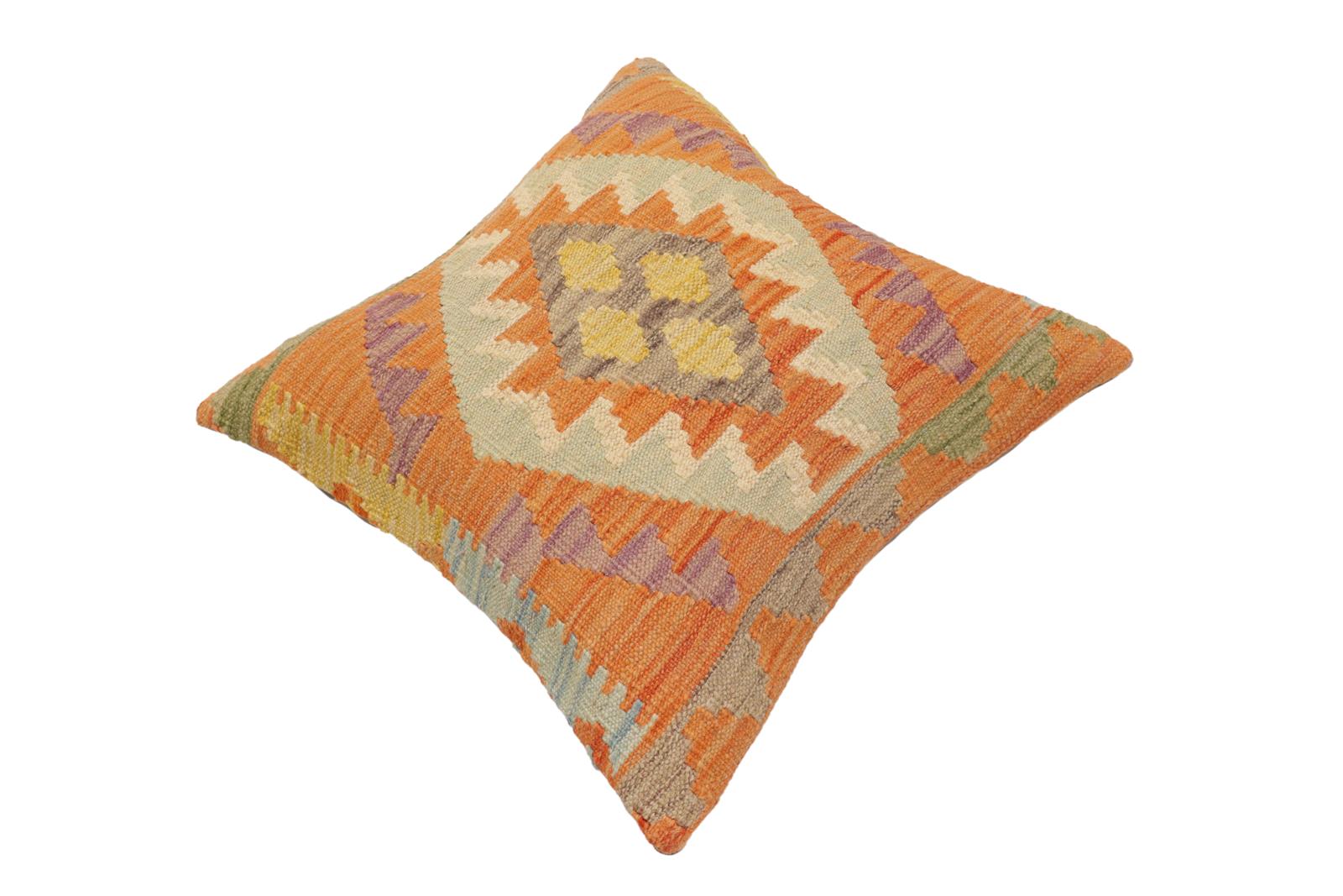 handmade Traditional Pillow Orange Blue Hand-Woven SQUARE 100% WOOL  Hand woven turkish pillow  2 x 2