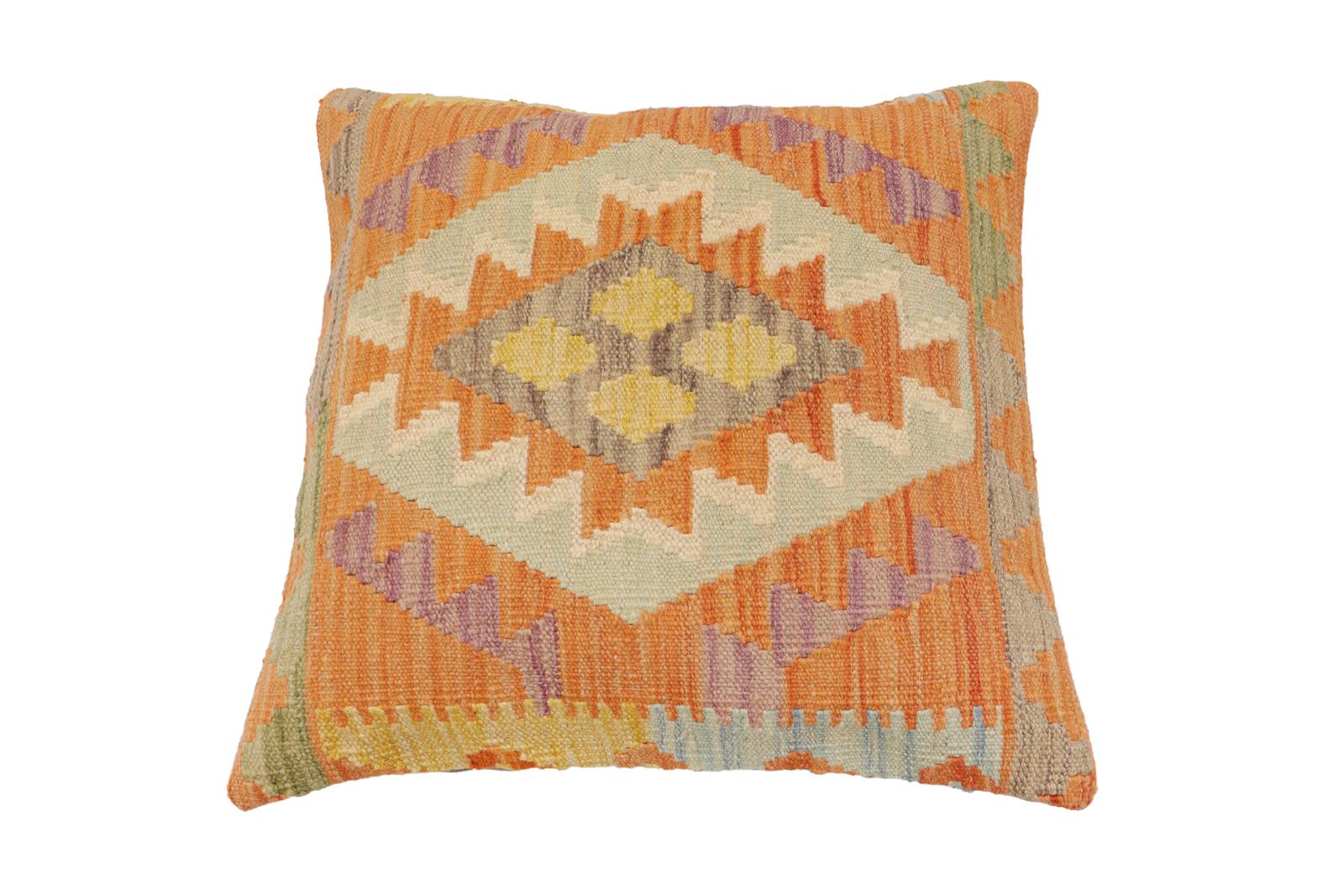 handmade Traditional Pillow Orange Blue Hand-Woven SQUARE 100% WOOL  Hand woven turkish pillow  2 x 2