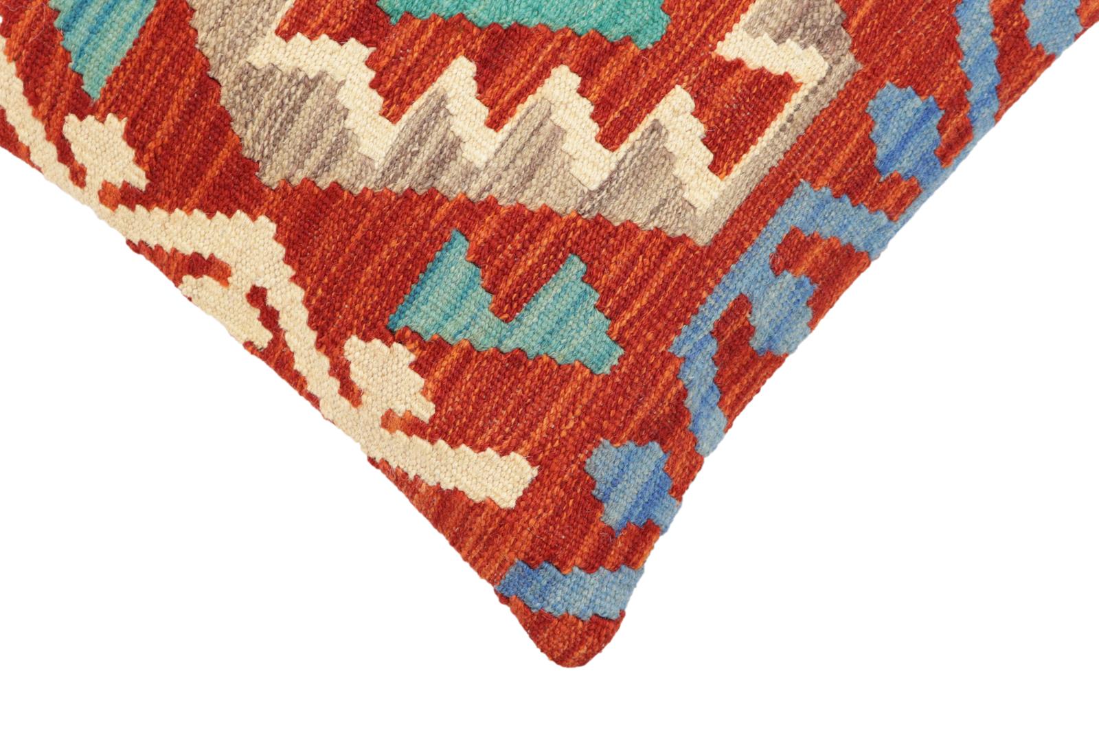 handmade Traditional Pillow Rust Blue Hand-Woven SQUARE 100% WOOL Hand woven turkish pillow2' x 2'