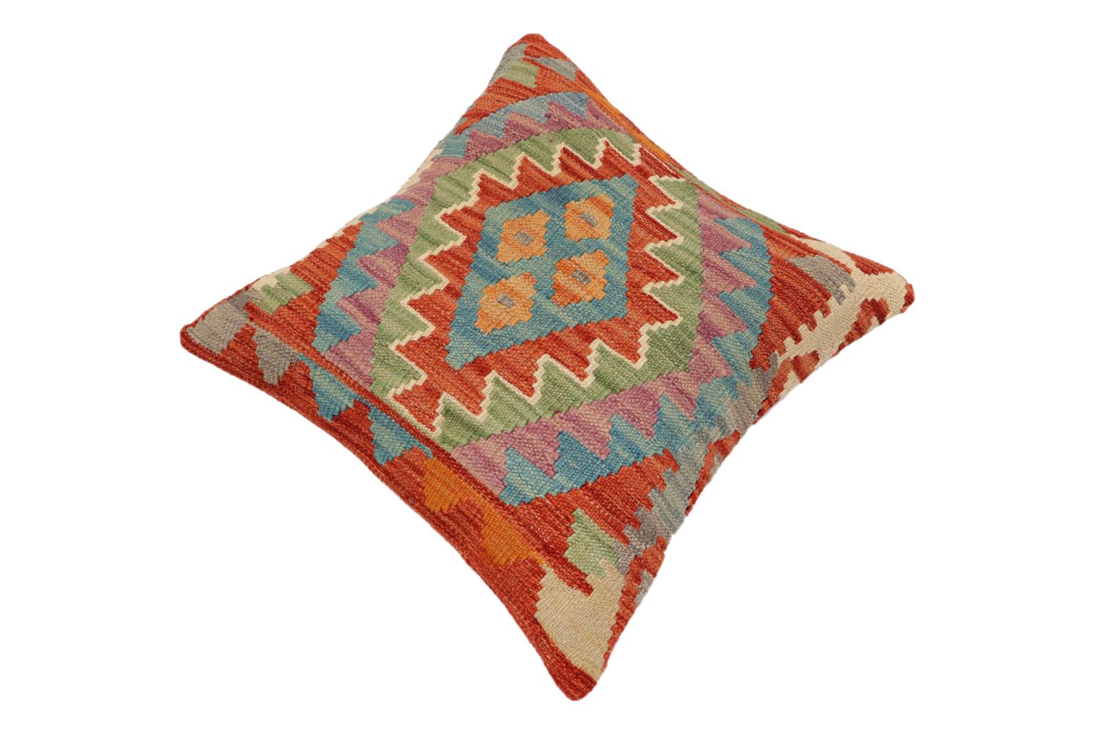 handmade Traditional Pillow Rust Blue Hand-Woven SQUARE 100% WOOL Hand woven turkish pillow2' x 2'