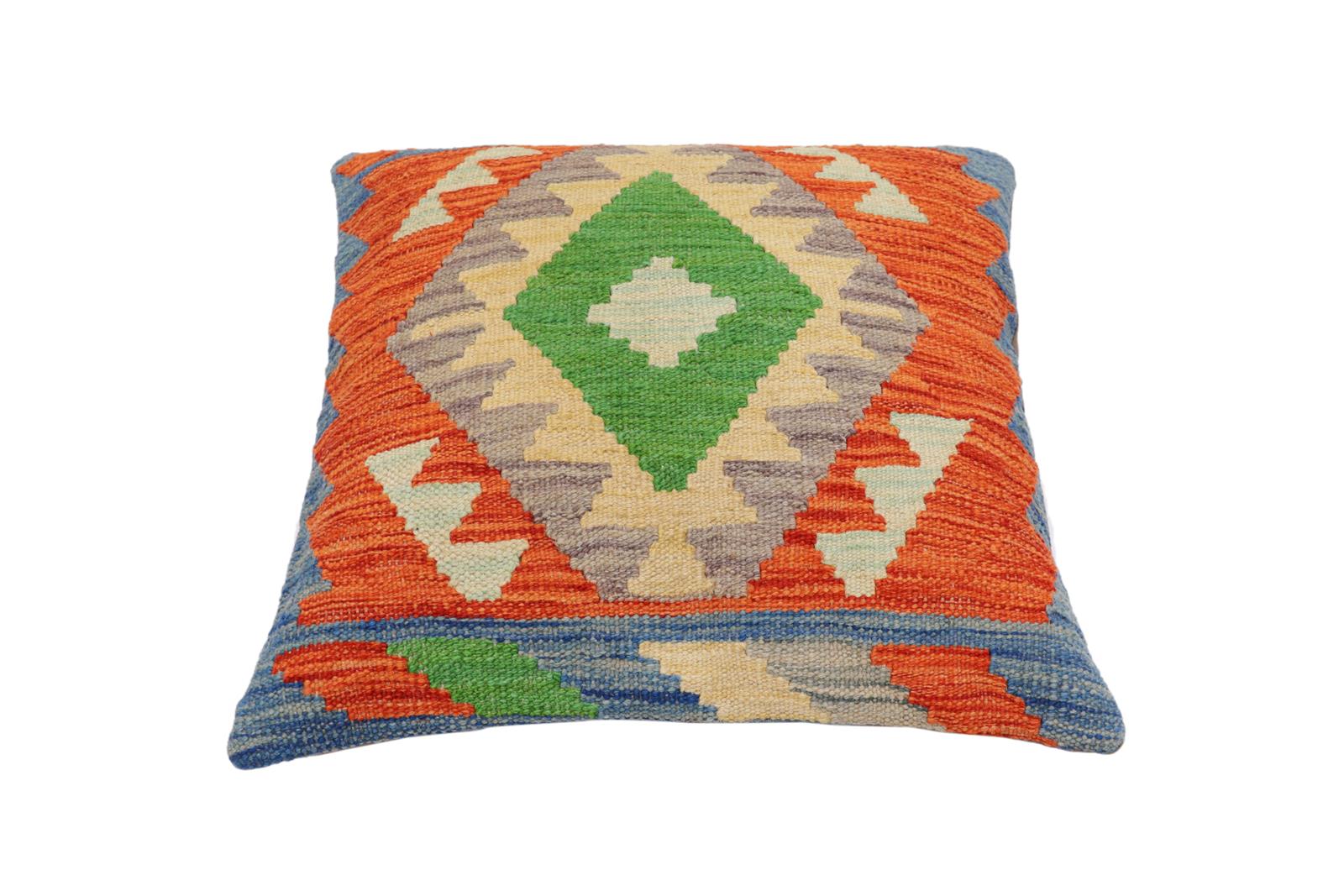 handmade Traditional Pillow Rust Blue Hand-Woven SQUARE 100% WOOL Hand woven turkish pillow2' x 2'