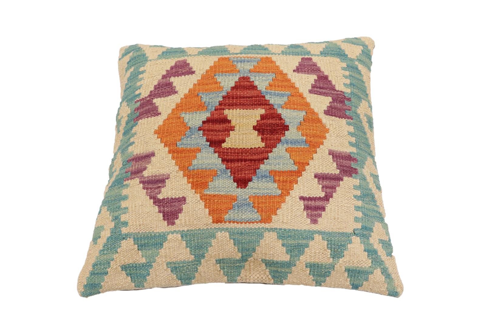 handmade Traditional Pillow Beige Blue Hand-Woven SQUARE 100% WOOL Hand woven turkish pillow2' x 2'