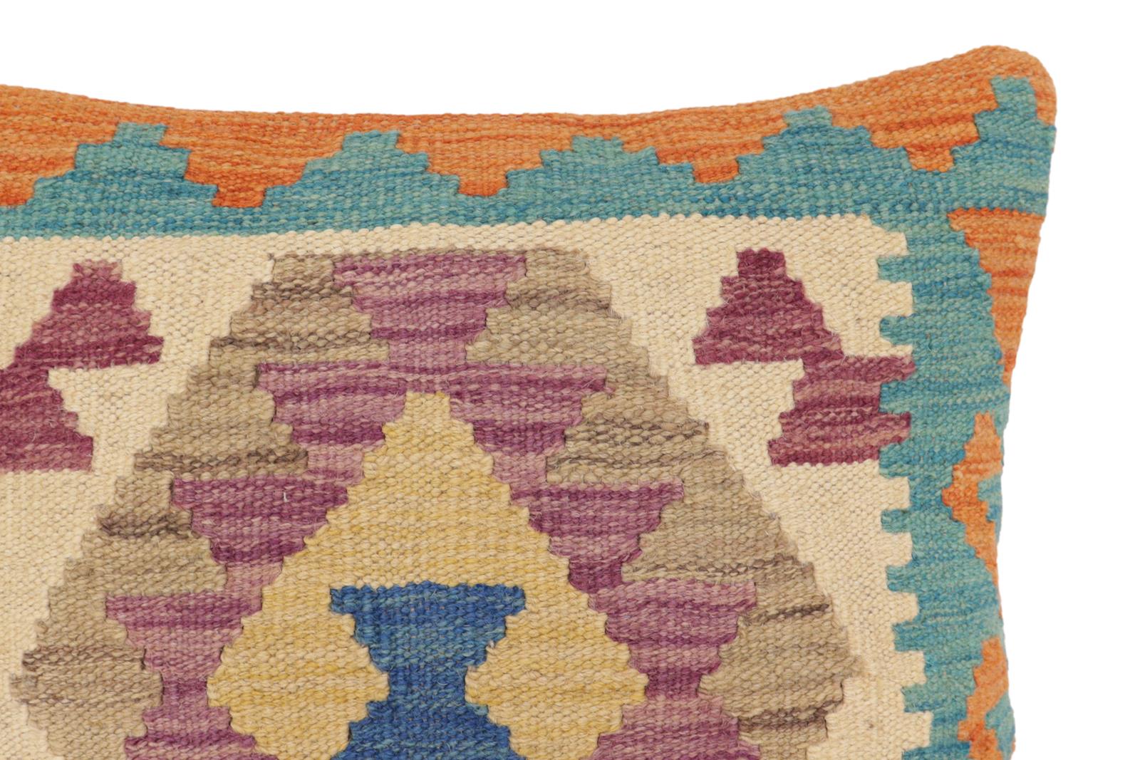 handmade Traditional Pillow Blue Orange Hand-Woven SQUARE 100% WOOL Hand woven turkish pillow2' x 2'