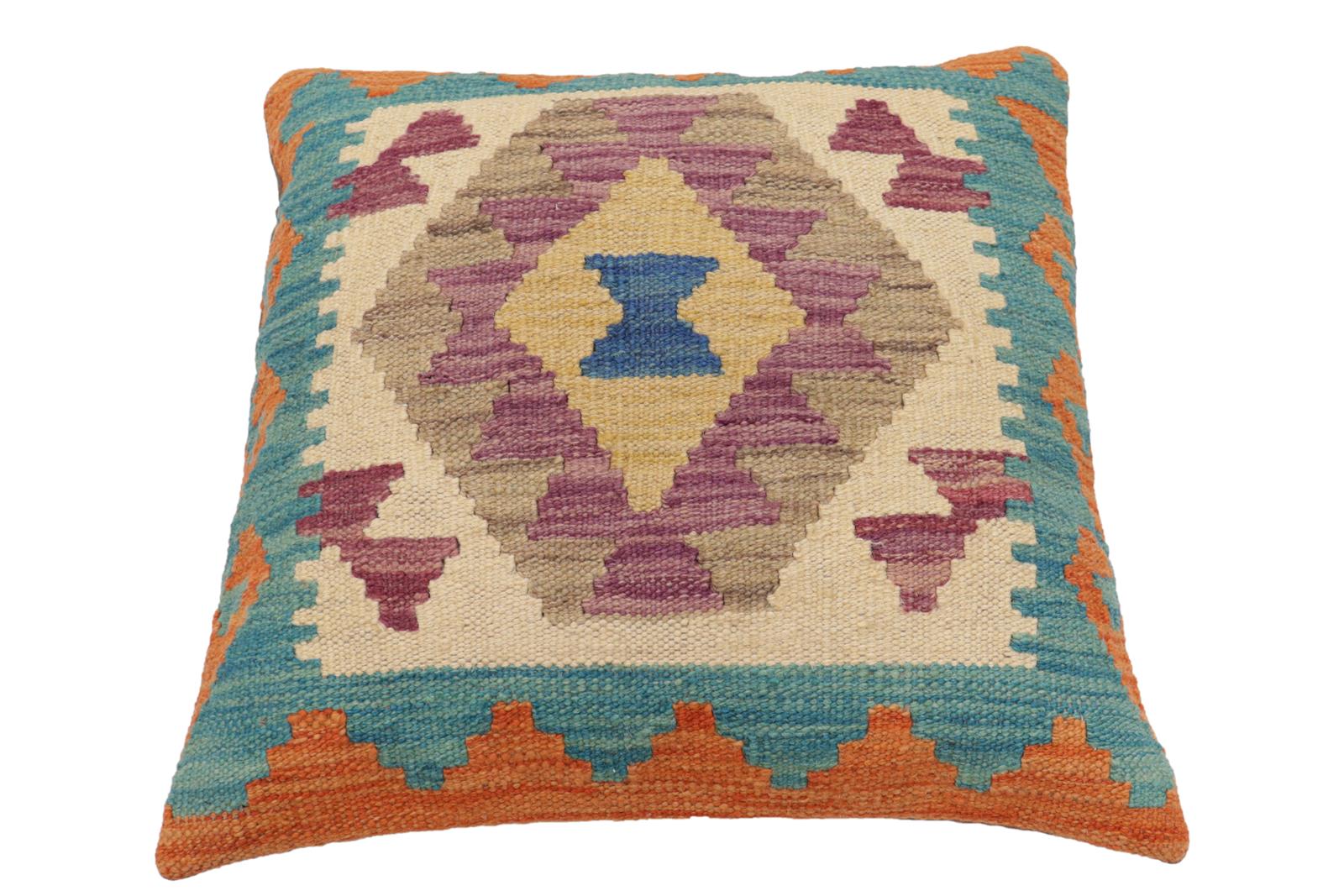 handmade Traditional Pillow Blue Orange Hand-Woven SQUARE 100% WOOL Hand woven turkish pillow2' x 2'