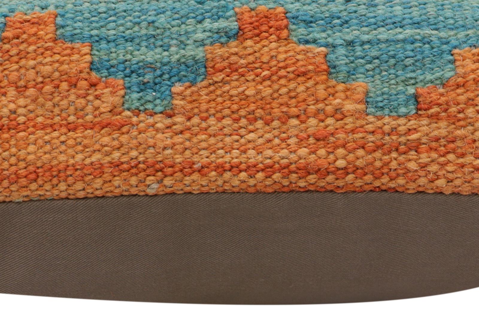 handmade Traditional Pillow Blue Orange Hand-Woven SQUARE 100% WOOL Hand woven turkish pillow2' x 2'