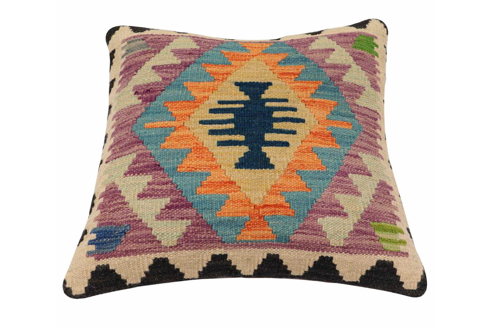 handmade Traditional Pillow Blue Beige Hand-Woven SQUARE 100% WOOL Hand woven turkish pillow2' x 2'