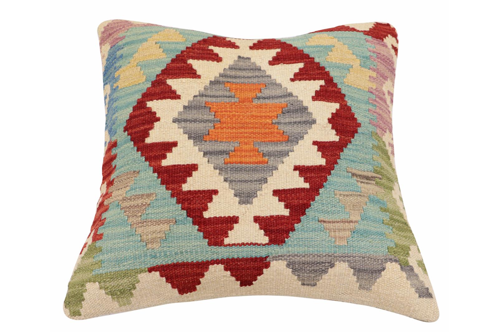 handmade Traditional Pillow Red Blue Hand-Woven SQUARE 100% WOOL Hand woven turkish pillow2' x 2'