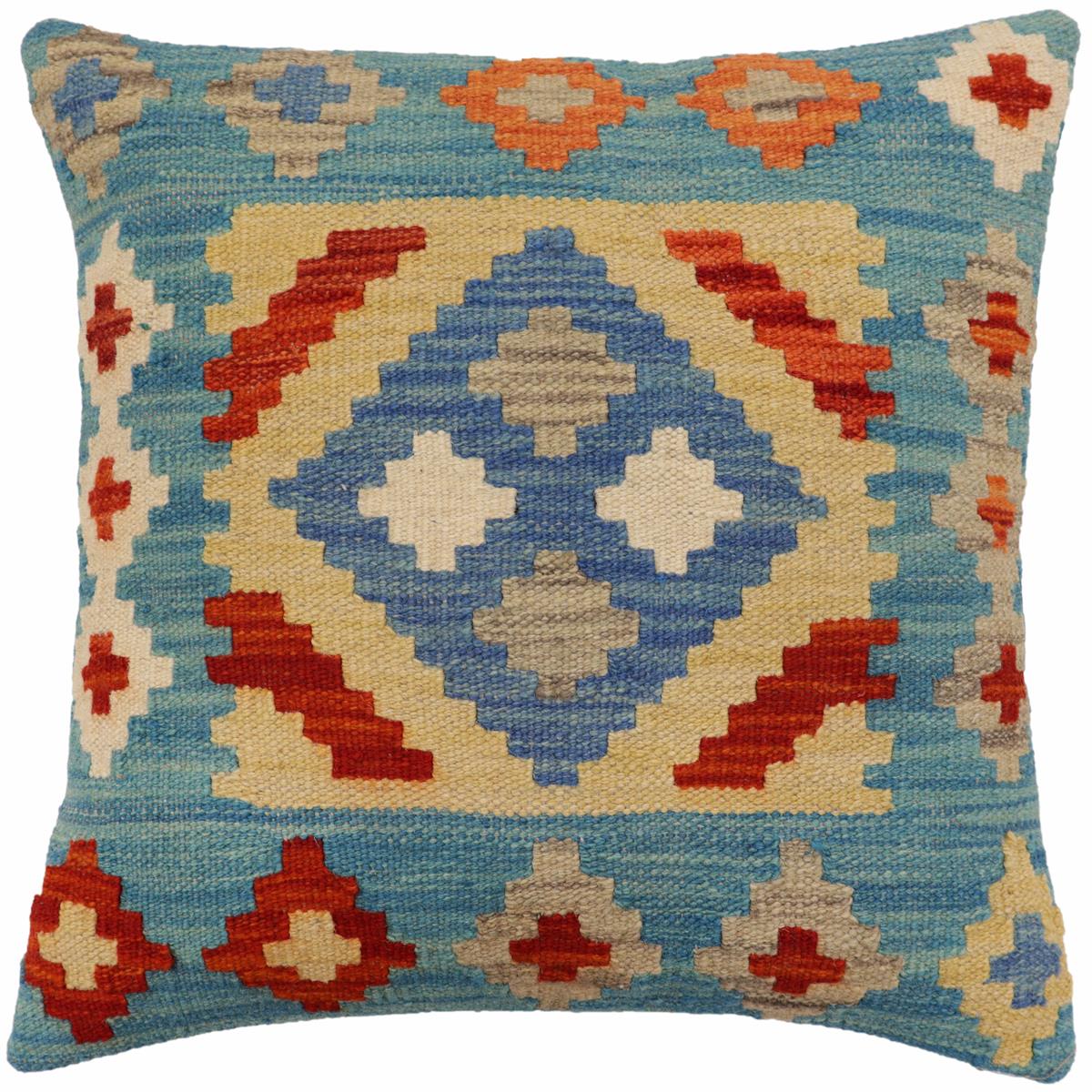 handmade Traditional Pillow Blue Rust Hand-Woven SQUARE 100% WOOL Hand woven turkish pillow2' x 2'