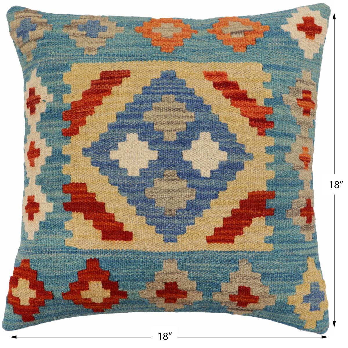 handmade Traditional Pillow Blue Rust Hand-Woven SQUARE 100% WOOL Hand woven turkish pillow2' x 2'