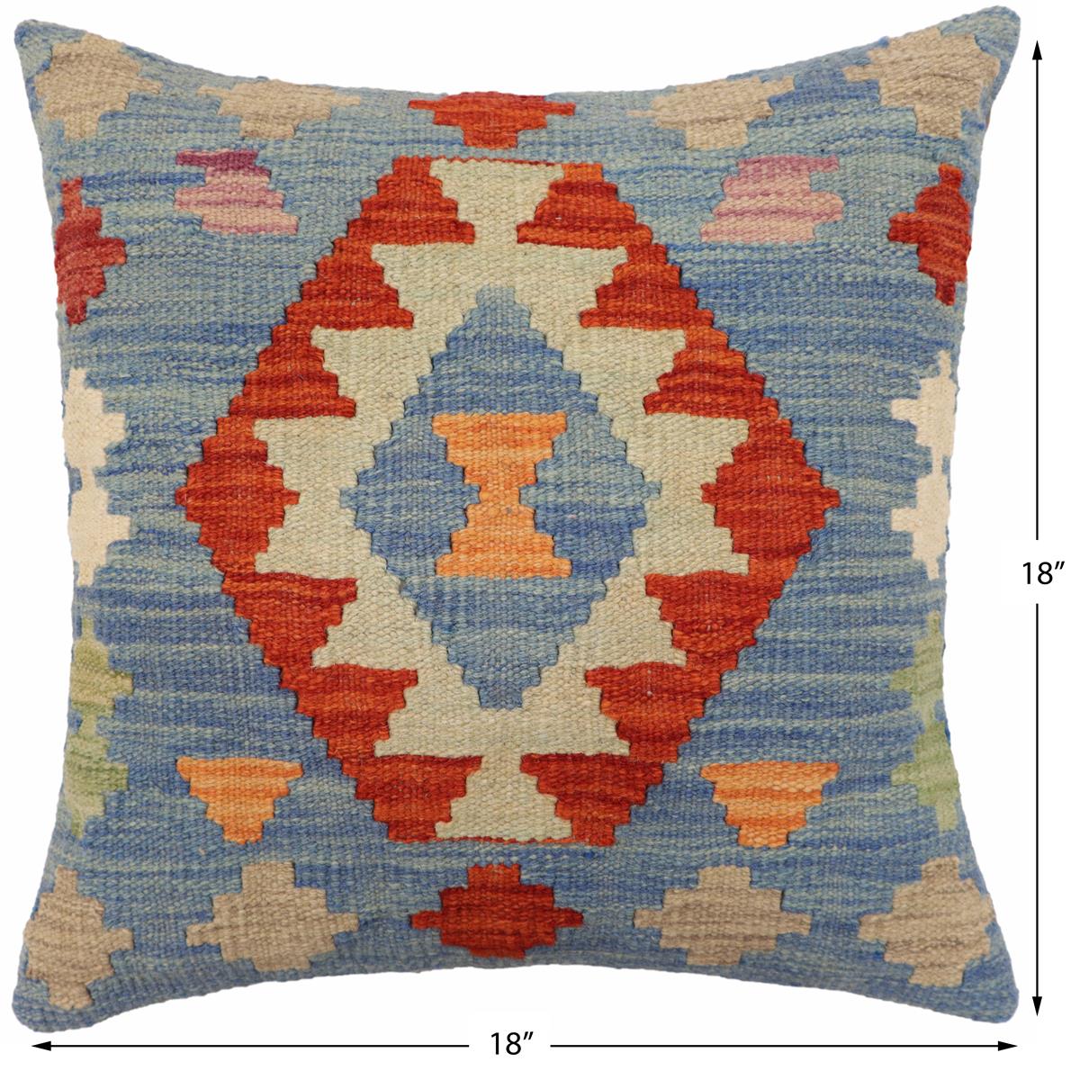 handmade Traditional Pillow Blue Rust Hand-Woven SQUARE 100% WOOL Hand woven turkish pillow2' x 2'