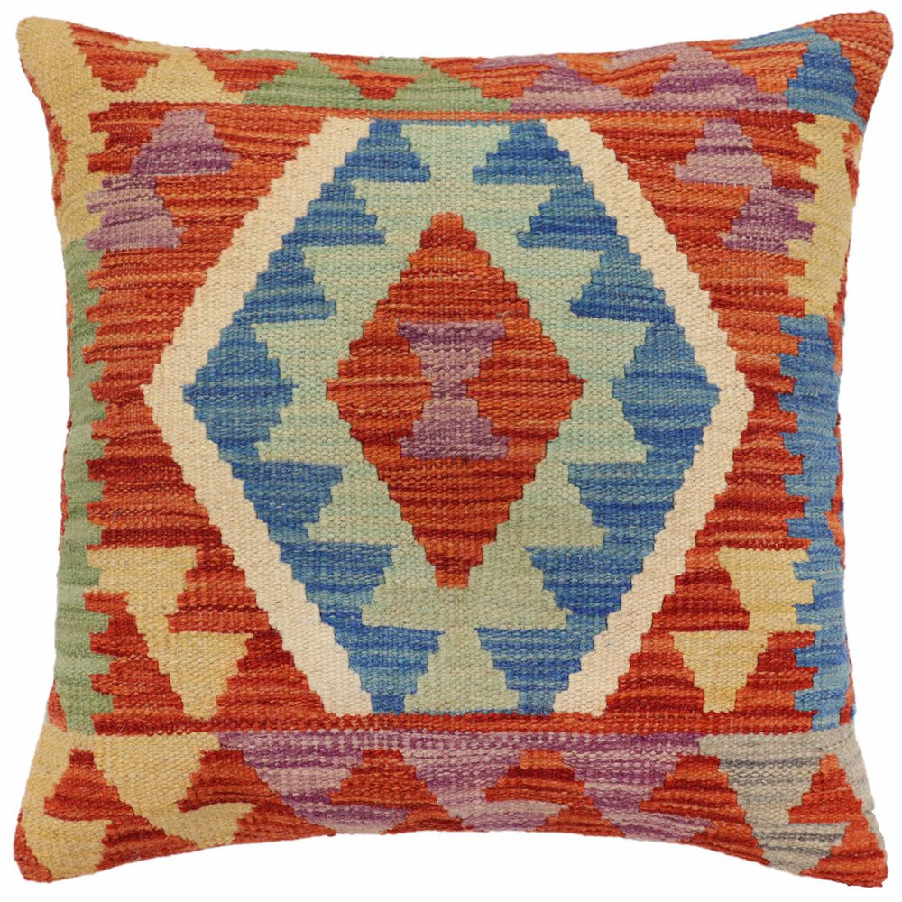 handmade Traditional Pillow Rust Blue Hand-Woven SQUARE 100% WOOL Hand woven turkish pillow2' x 2'