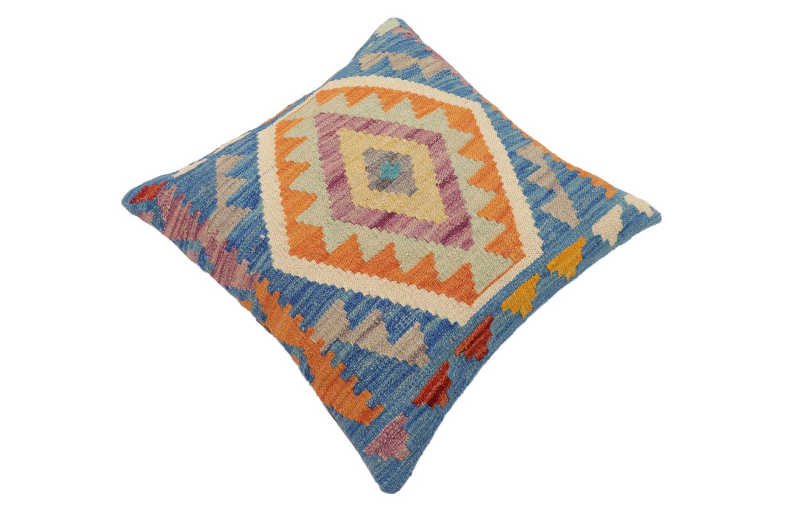 handmade Traditional Pillow Blue Orange Hand-Woven SQUARE 100% WOOL Hand woven turkish pillow2' x 2'