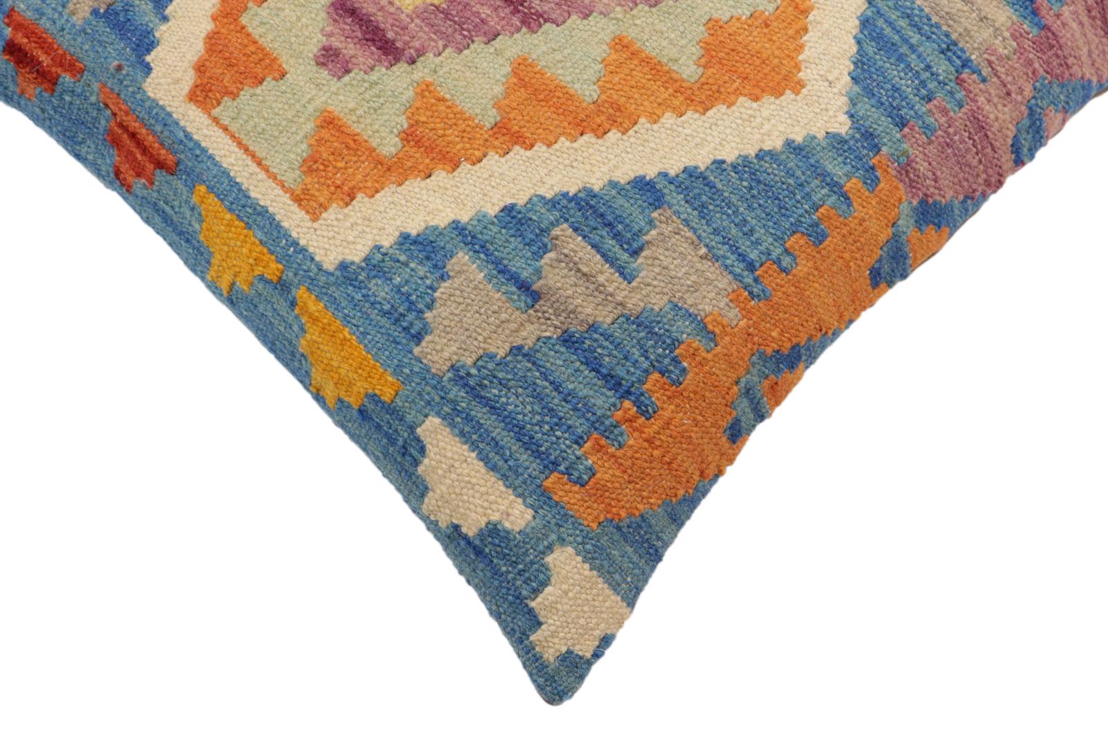 handmade Traditional Pillow Blue Orange Hand-Woven SQUARE 100% WOOL Hand woven turkish pillow2' x 2'