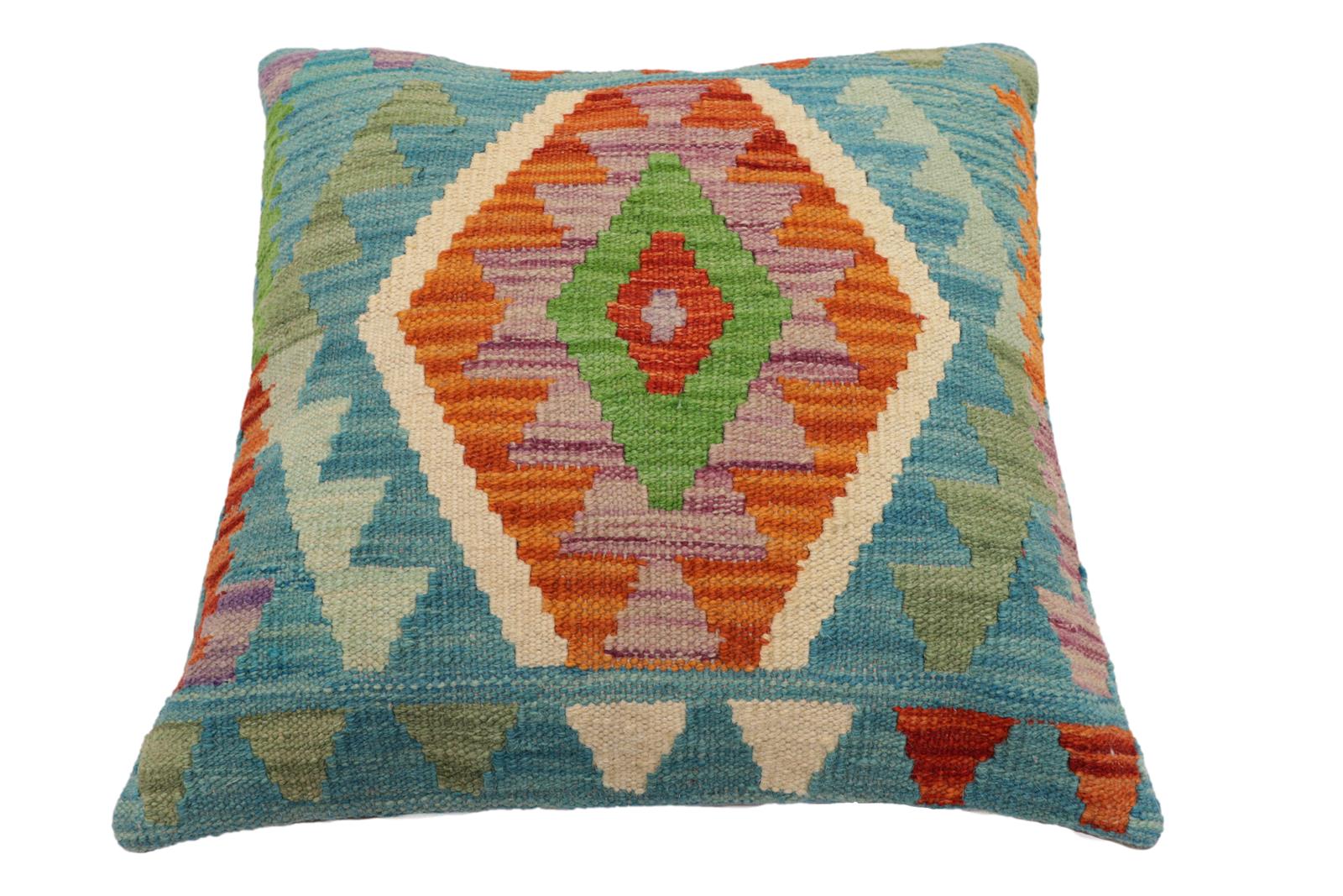 handmade Traditional Pillow Blue Rust Hand-Woven SQUARE 100% WOOL Hand woven turkish pillow2' x 2'