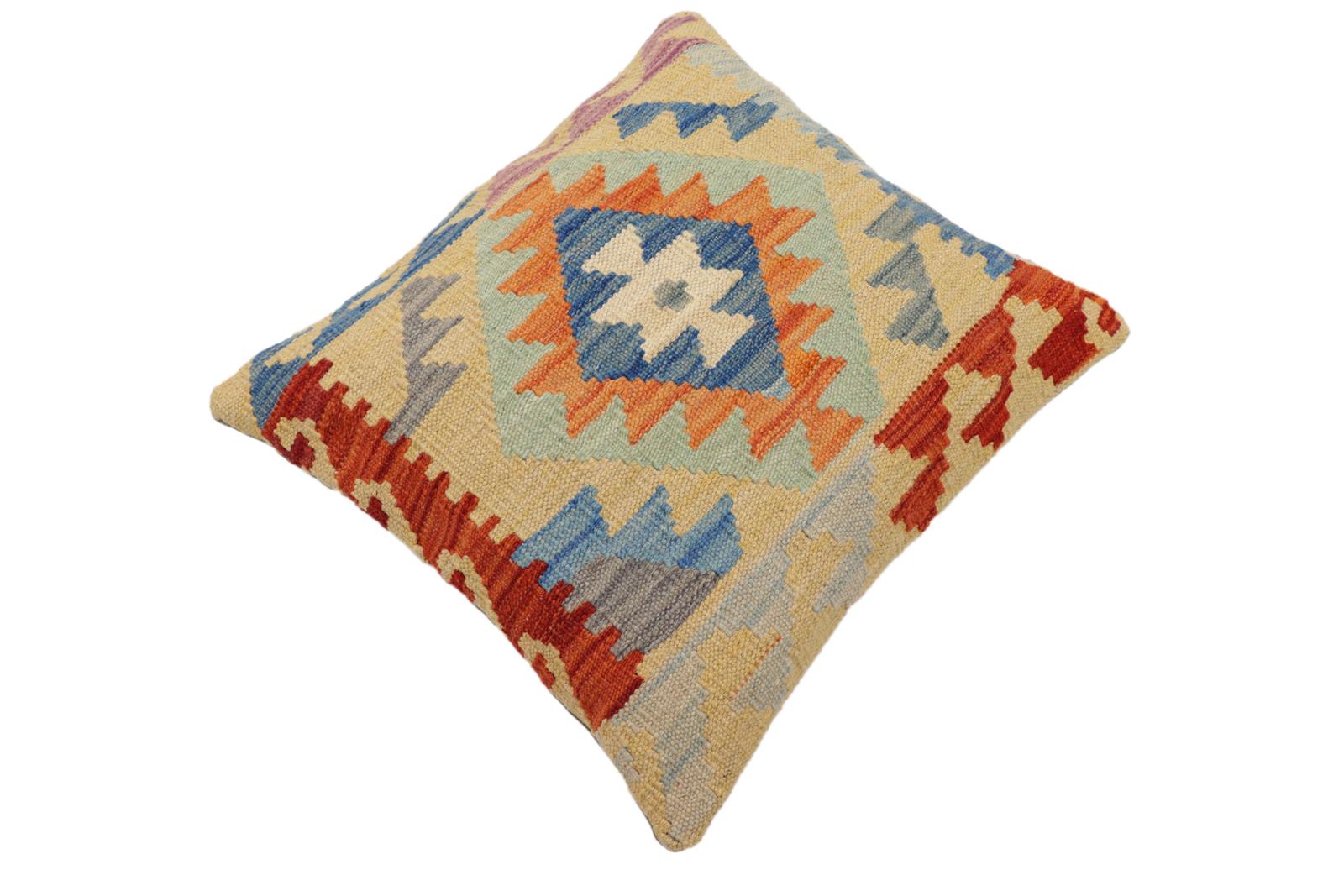 handmade Traditional Pillow Rust Blue Hand-Woven SQUARE 100% WOOL  Hand woven turkish pillow  2 x 2