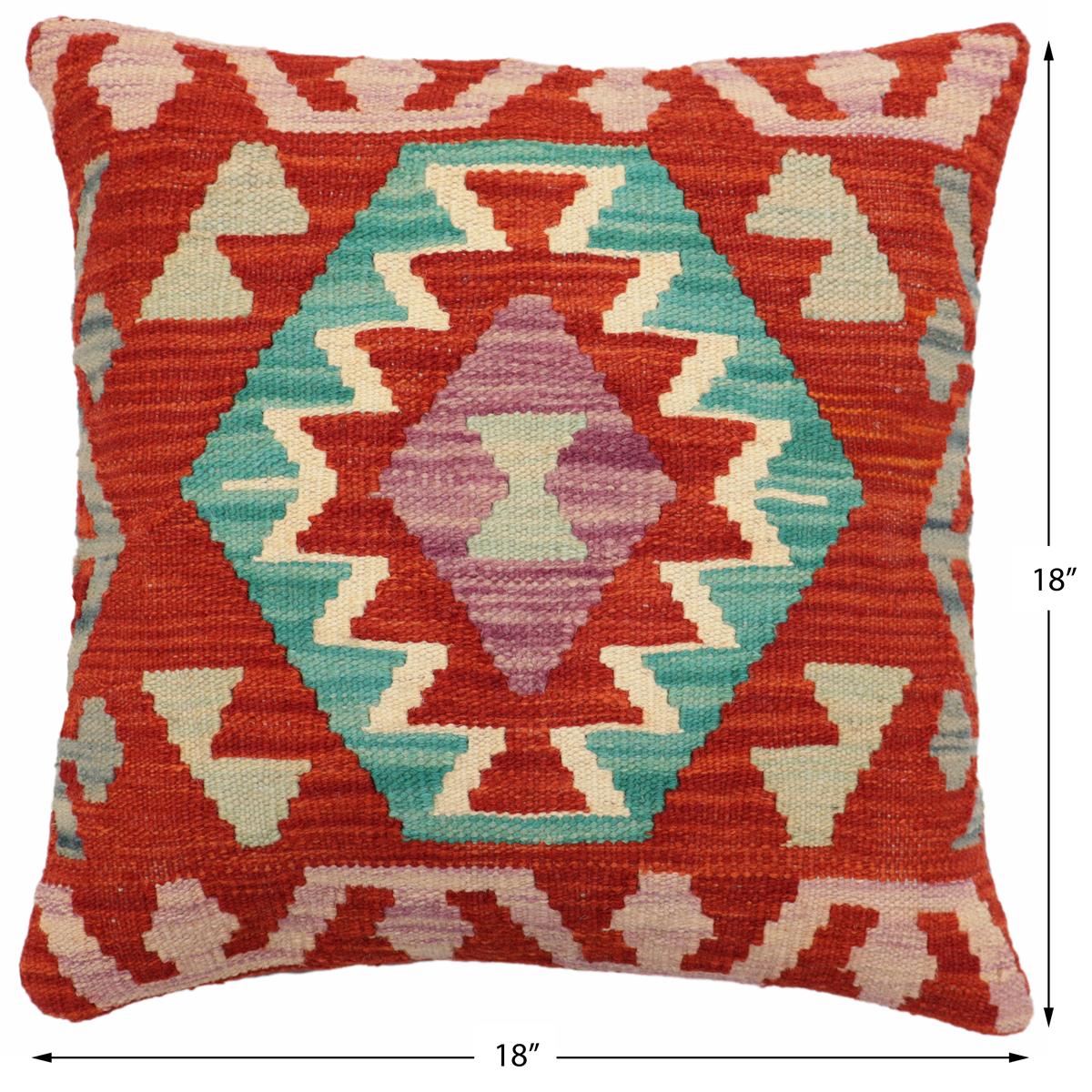 handmade Traditional Pillow Rust Blue Hand-Woven SQUARE 100% WOOL Hand woven turkish pillow2' x 2'