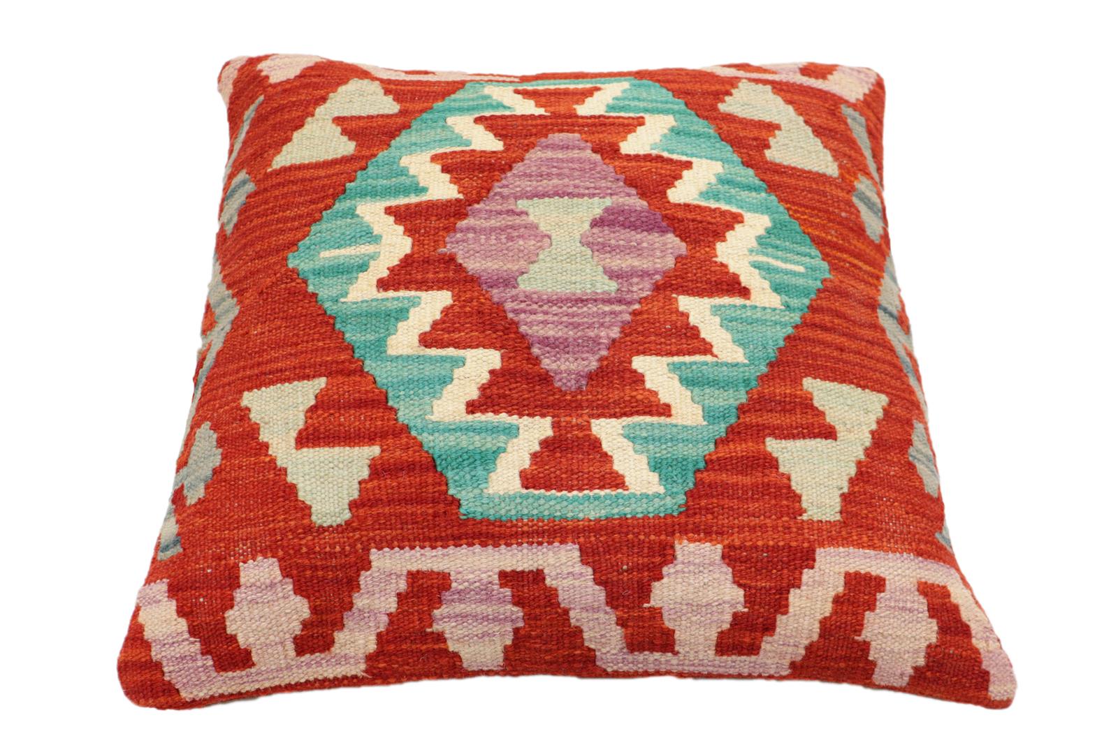 handmade Traditional Pillow Rust Blue Hand-Woven SQUARE 100% WOOL Hand woven turkish pillow2' x 2'