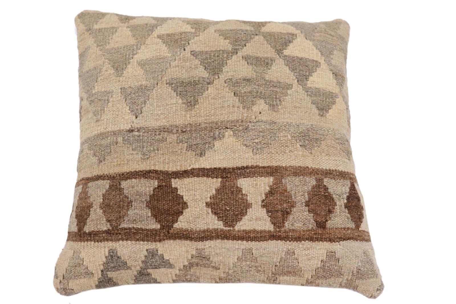 handmade Traditional Pillow Beige Gray Hand-Woven SQUARE 100% WOOL Hand woven turkish pillow2' x 2'