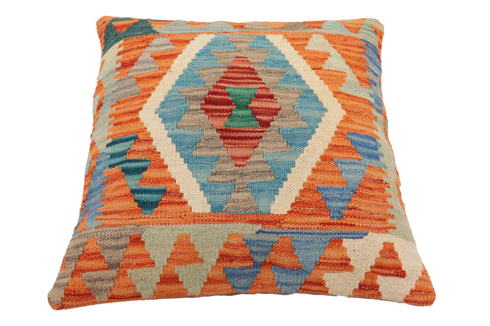 handmade Traditional Pillow Rust Blue Hand-Woven SQUARE 100% WOOL Hand woven turkish pillow2' x 2'