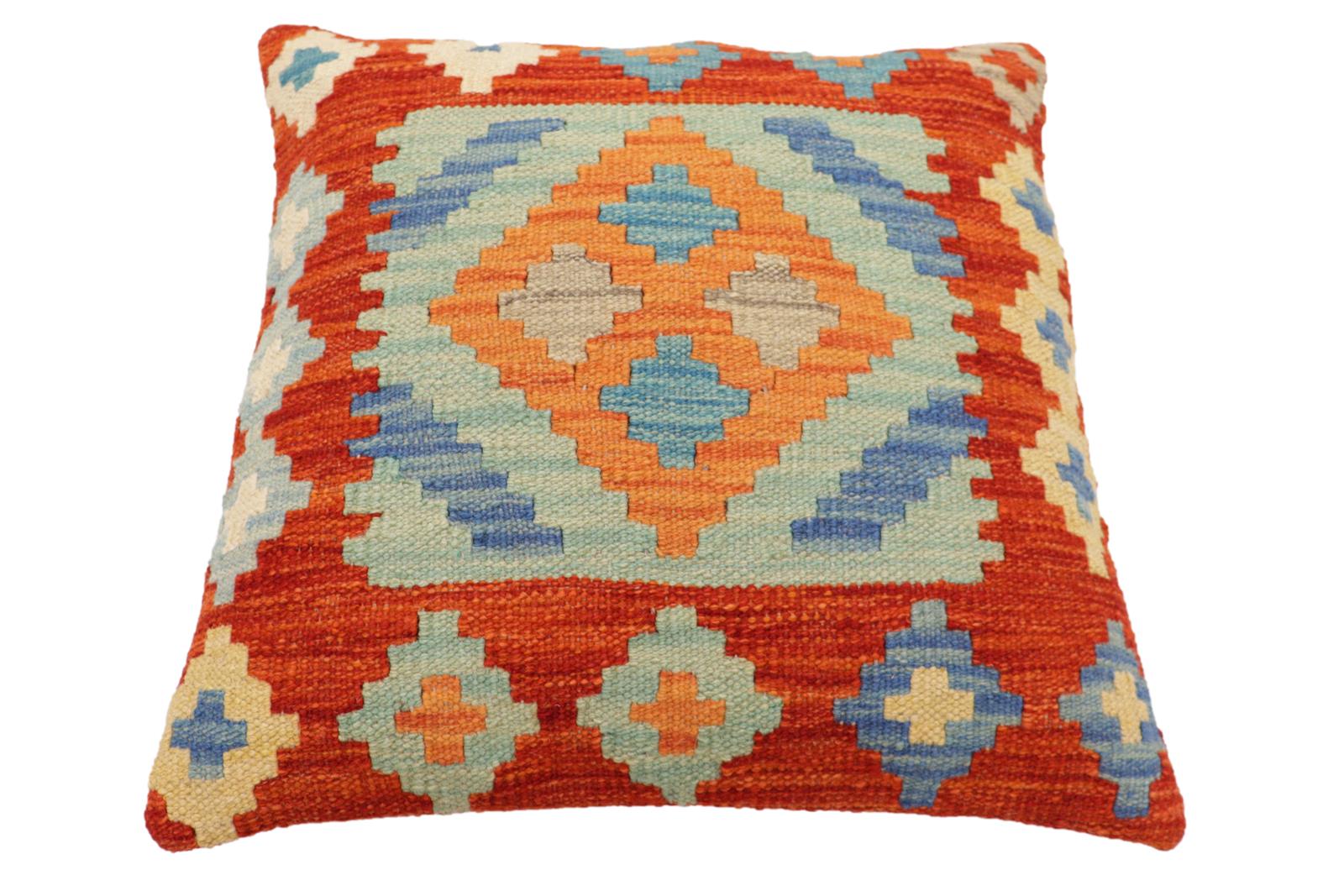 handmade Traditional Pillow Rust Blue Hand-Woven SQUARE 100% WOOL Hand woven turkish pillow2' x 2'