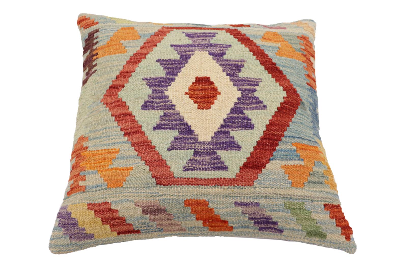 handmade Traditional Pillow Blue Red Hand-Woven SQUARE 100% WOOL Hand woven turkish pillow2' x 2'