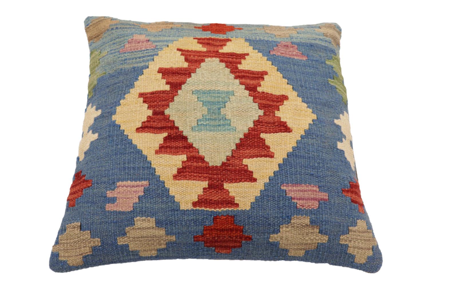 handmade Traditional Pillow Blue Red Hand-Woven SQUARE 100% WOOL Hand woven turkish pillow2' x 2'