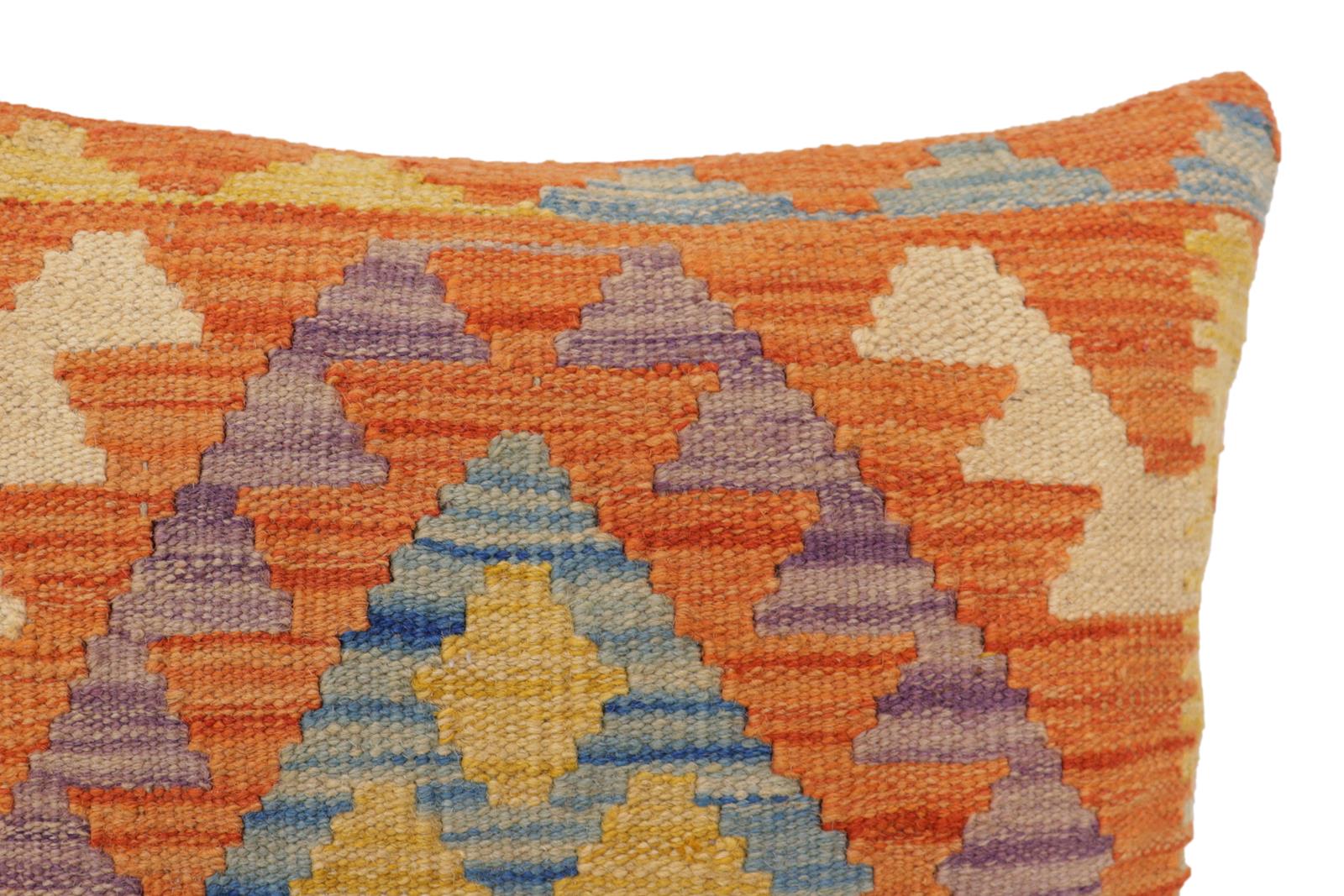 handmade Traditional Pillow Orange Blue Hand-Woven SQUARE 100% WOOL  Hand woven turkish pillow  2 x 2