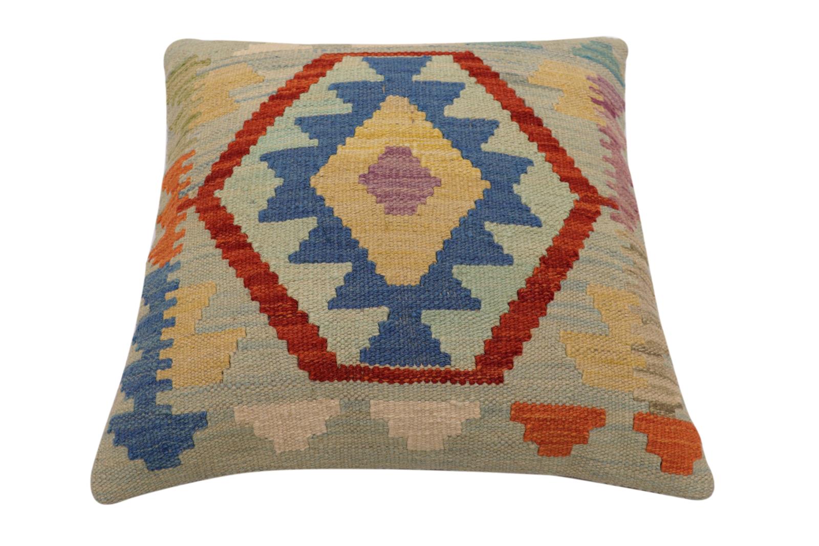 handmade Traditional Pillow Blue Rust Hand-Woven SQUARE 100% WOOL Hand woven turkish pillow2' x 2'