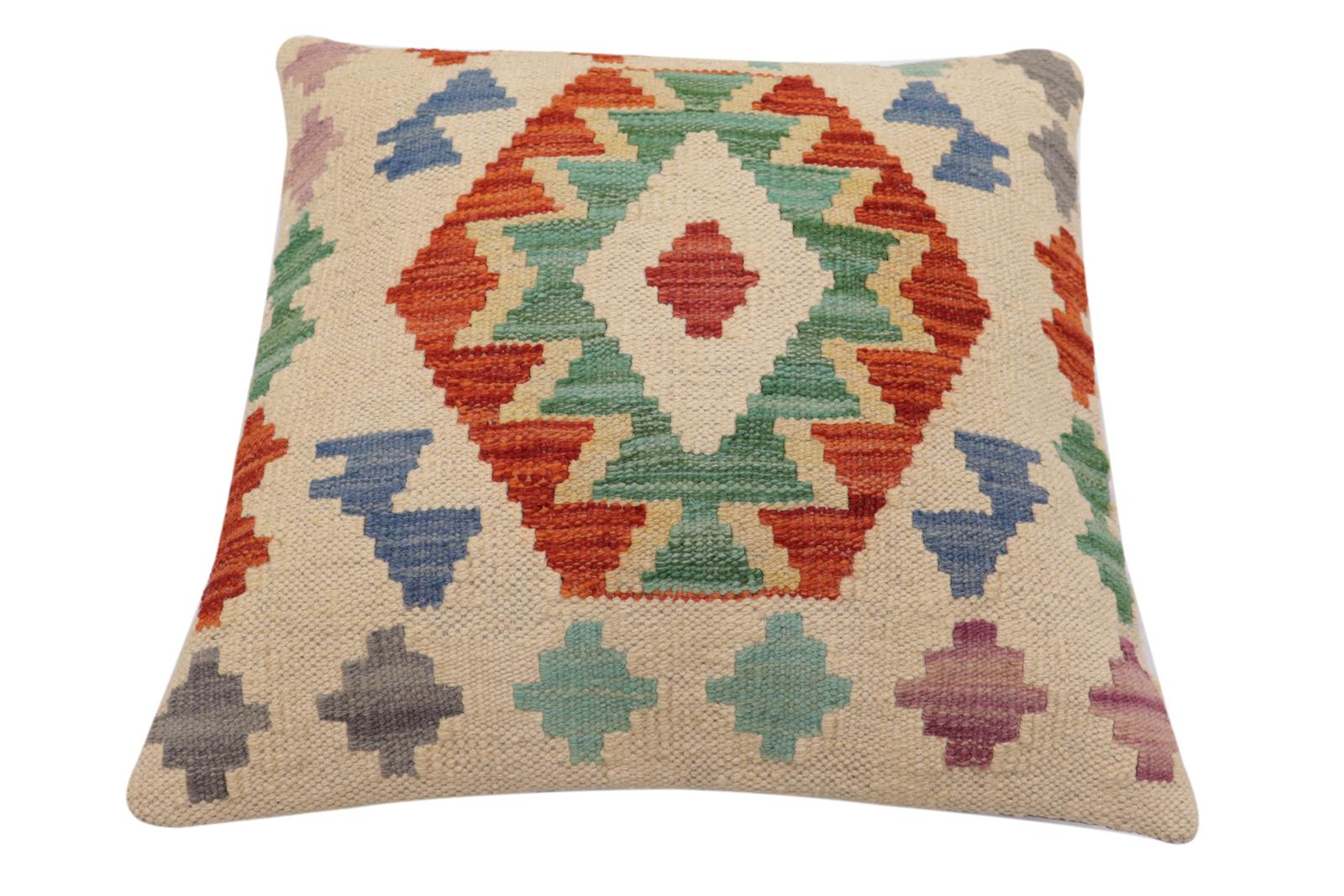 handmade Traditional Pillow Beige Rust Hand-Woven SQUARE 100% WOOL Hand woven turkish pillow2' x 2'